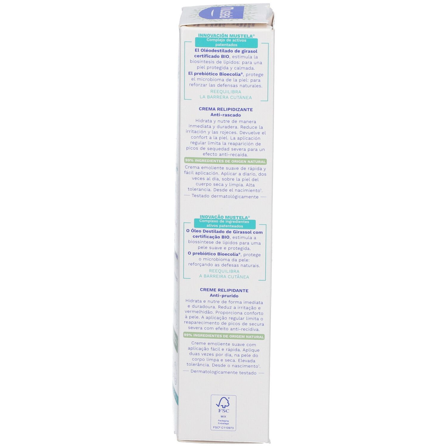 Confezione crema Mustela Stelatopia+. Testo in spagnolo. Certificazione Bio.