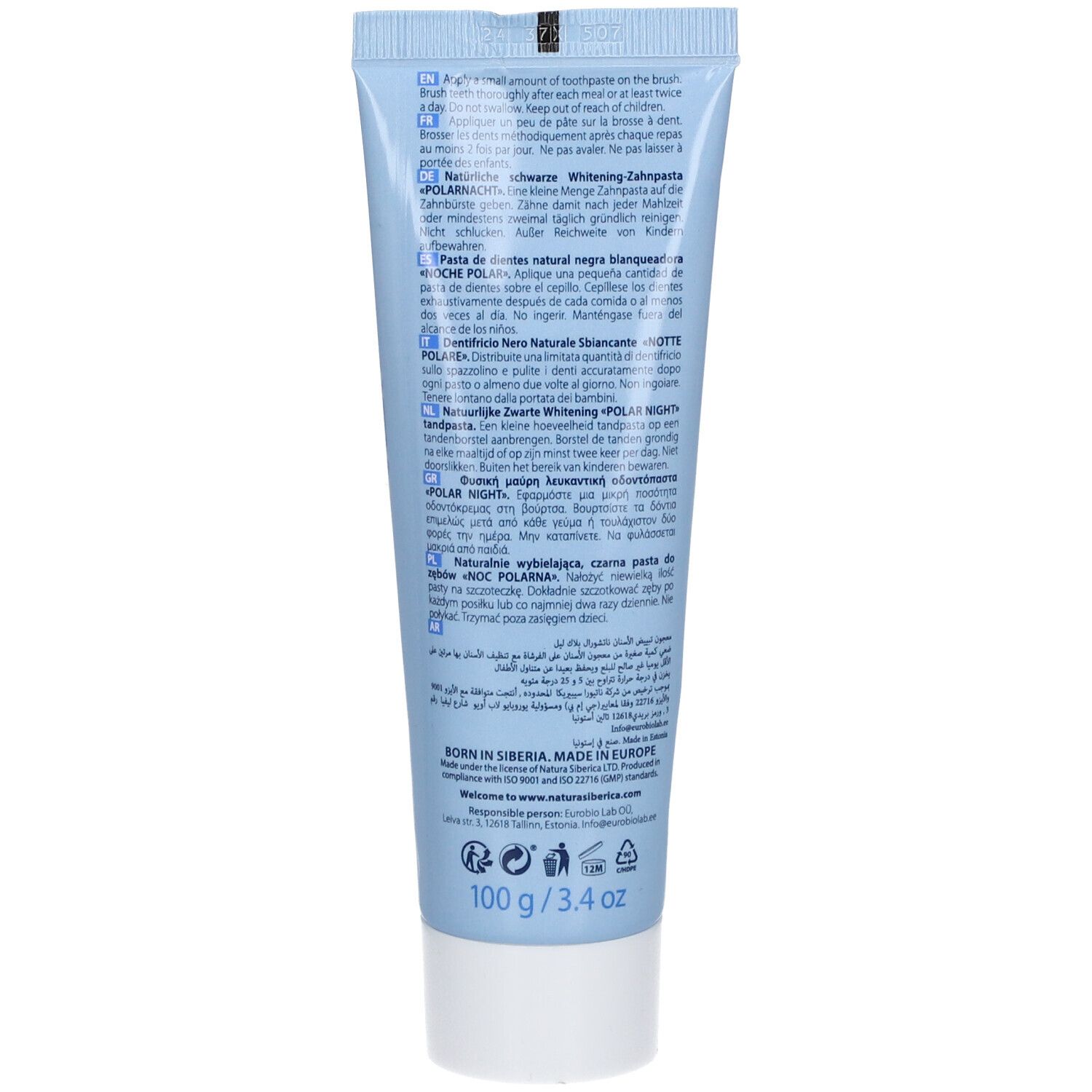 Retro del tubetto di dentifricio blu. Testo multilingue. Peso: 100 g / 3.4 oz.