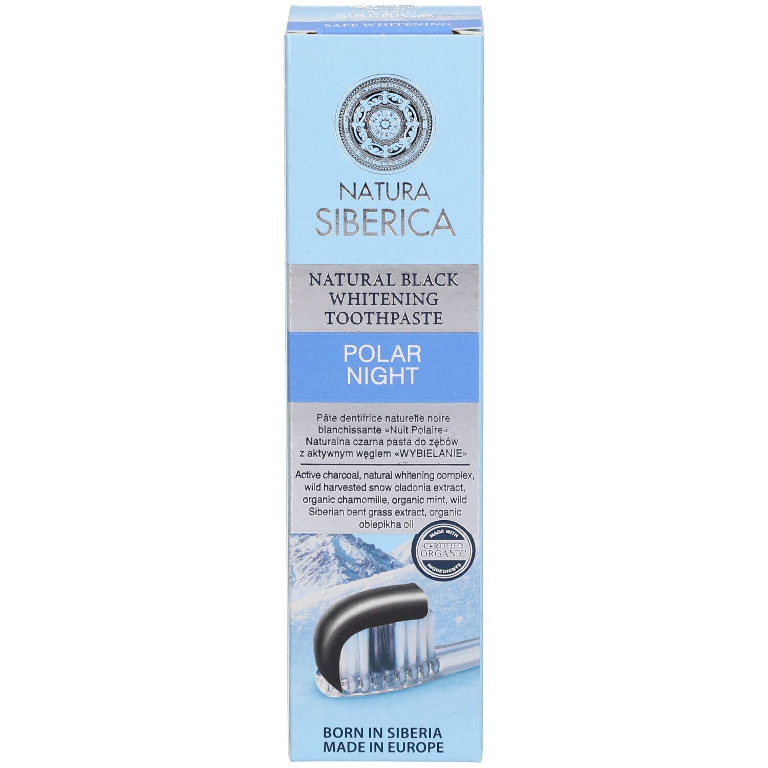 Scatola blu con nome del prodotto e immagine spazzolino. Testo: Polar Night. Logo di certificazione.