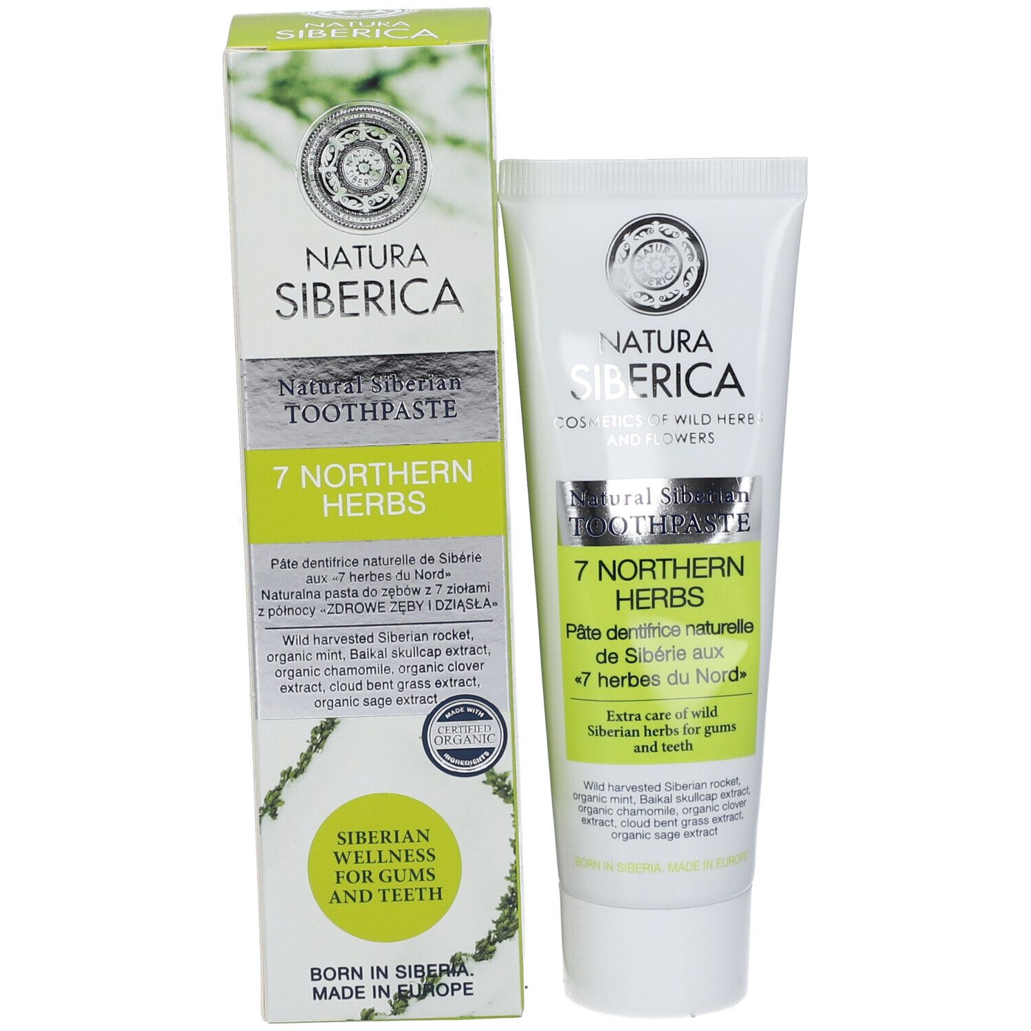 Tubo di dentifricio e scatola. Entrambi bianchi con stampa verde. Testo: Natura Siberica, 7 Northern Herbs.