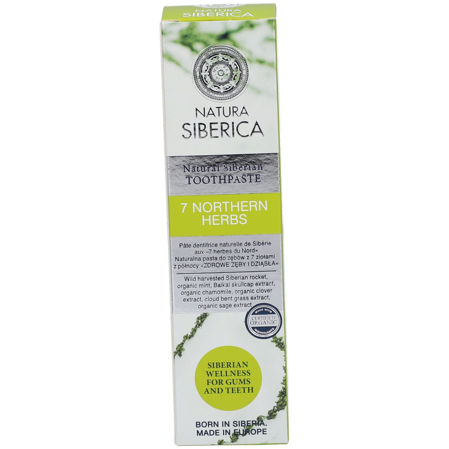 Scatola, bianca con stampa verde. Testo: Natura Siberica, 7 Northern Herbs. Siberian Wellness.