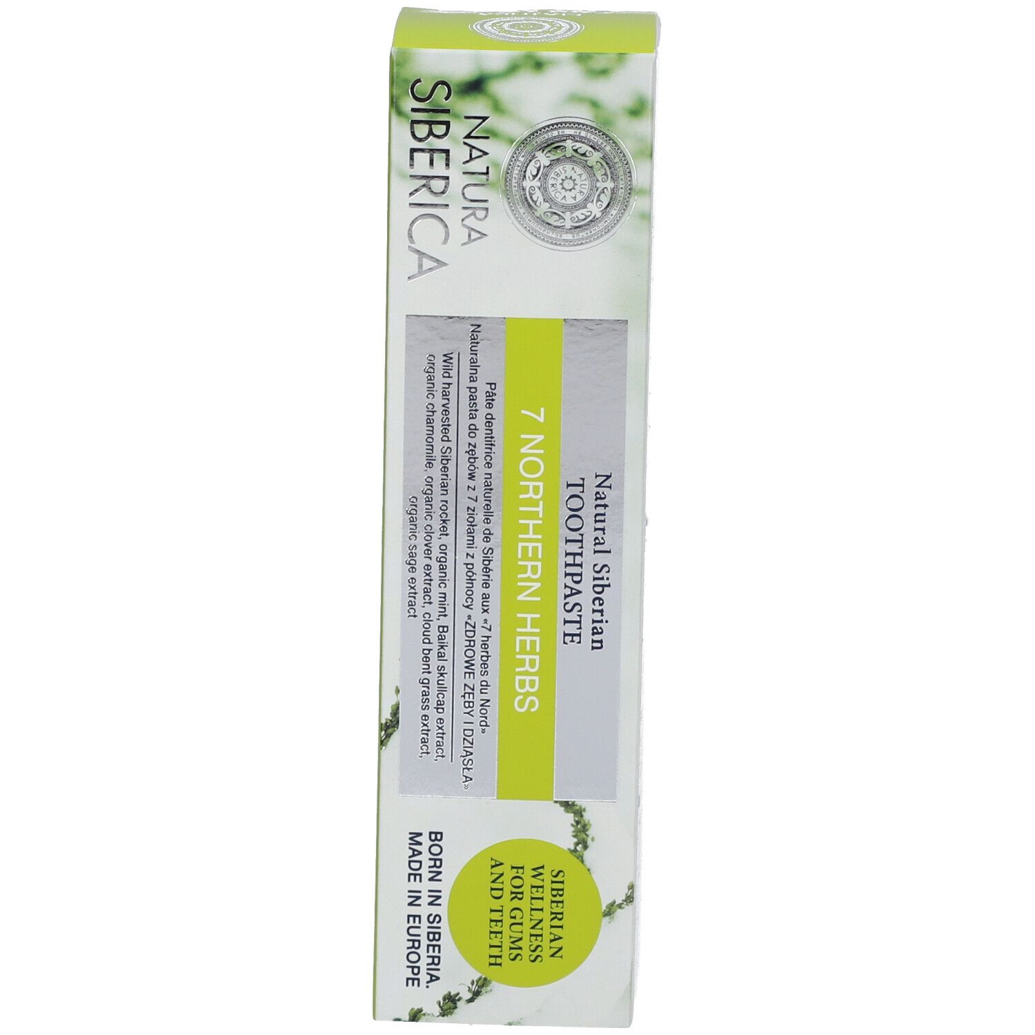 Scatola, lato anteriore. Testo: Natura Siberica, 7 Northern Herbs. Siberian Wellness.