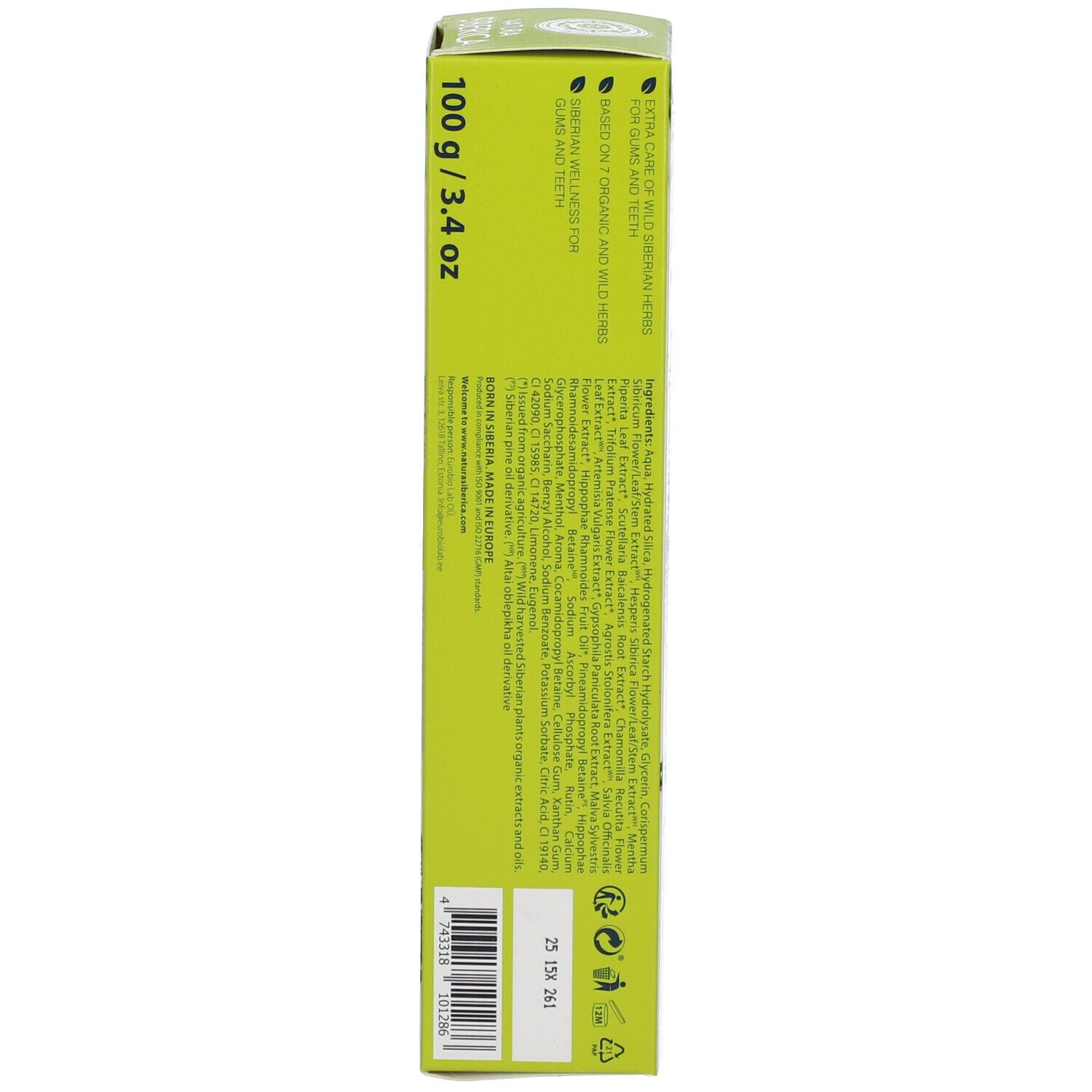 Scatola, retro. Testo in più lingue, tra cui tedesco, inglese e francese. Ingredienti.