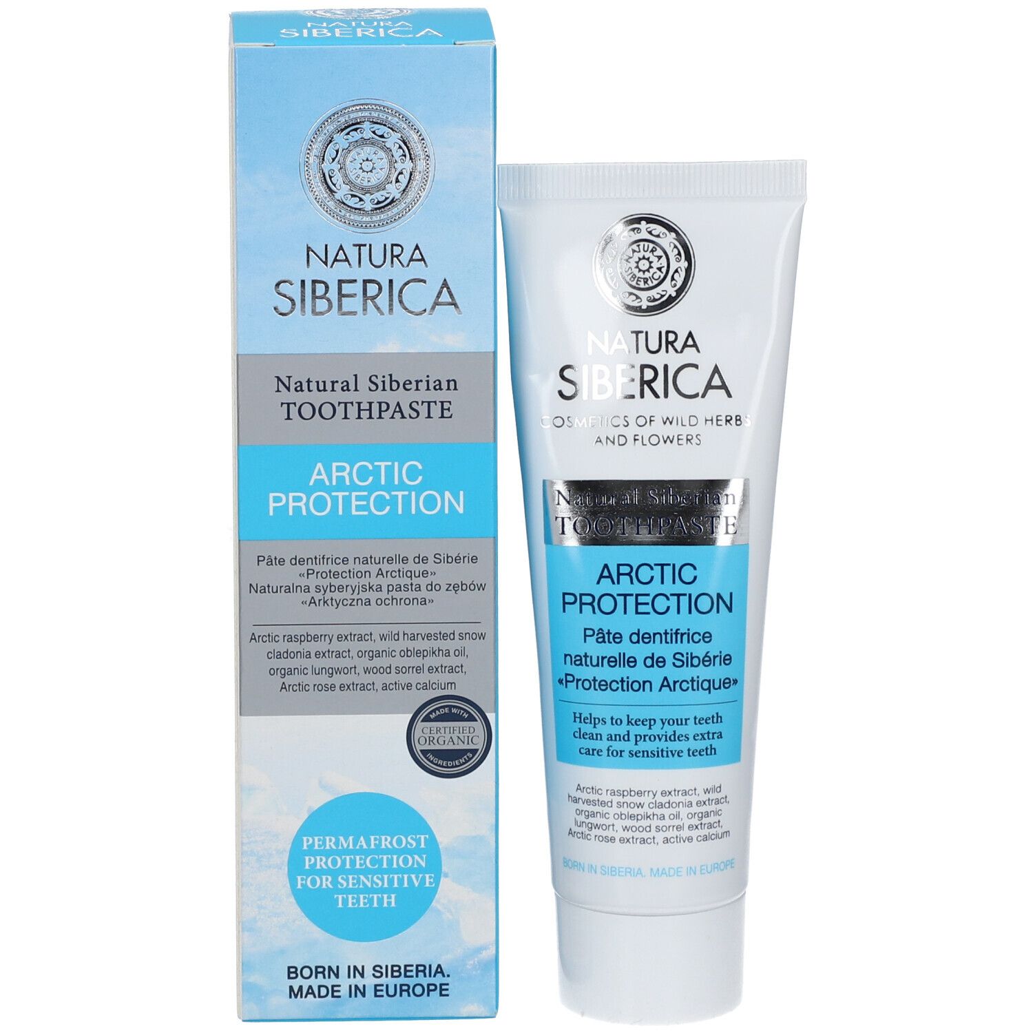 Tubo e scatola di dentifricio. Testo: Natura Siberica, Arctic Protection. Accenti blu e argento. Per denti sensibili.