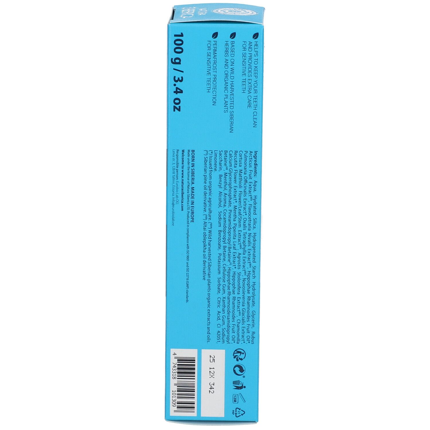 Retro della scatola. Testo in più lingue. Contiene informazioni sull'uso e sugli ingredienti. Prodotto in Europa.