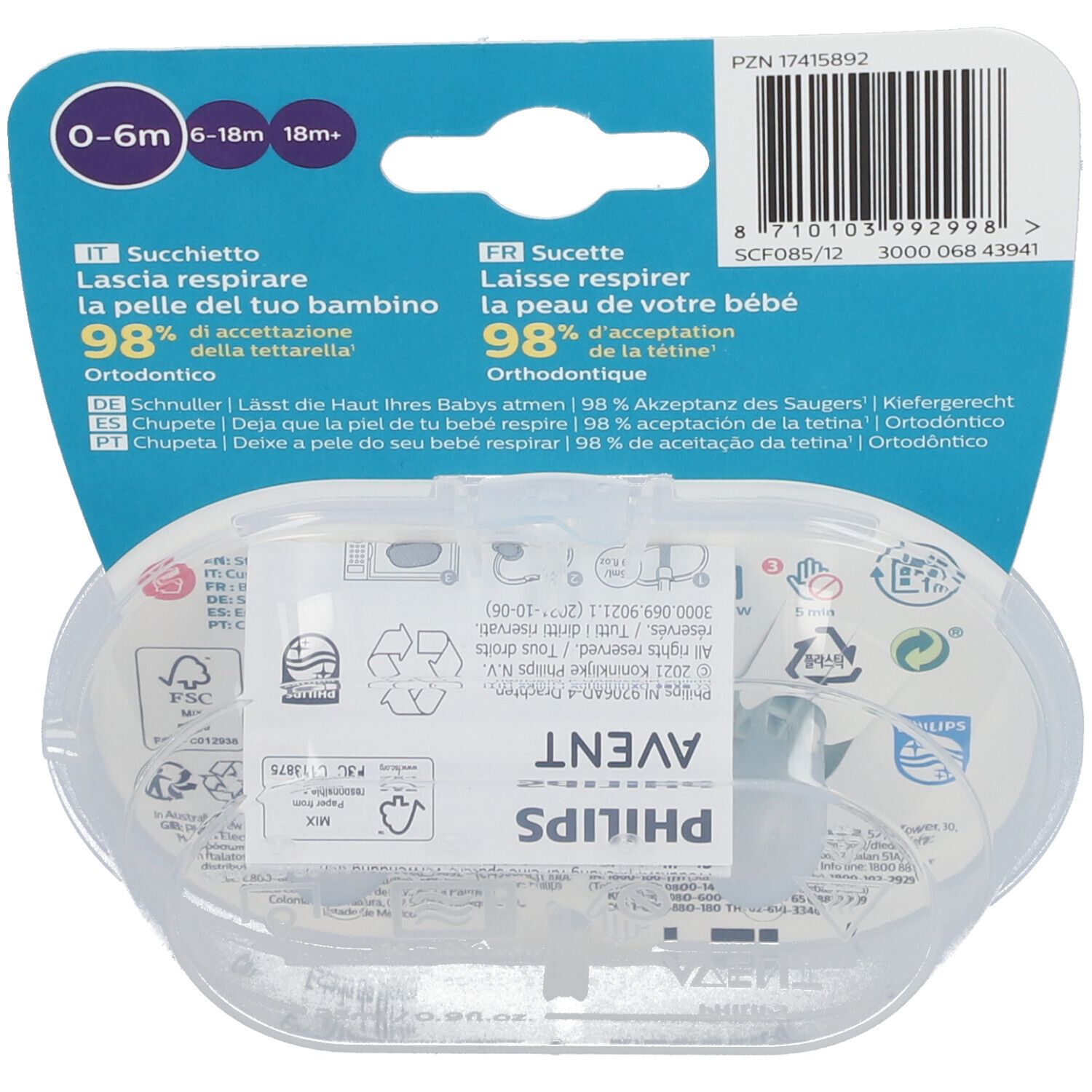 Retro della confezione con informazioni sul prodotto. Contiene testo in diverse lingue e il logo Philips Avent.