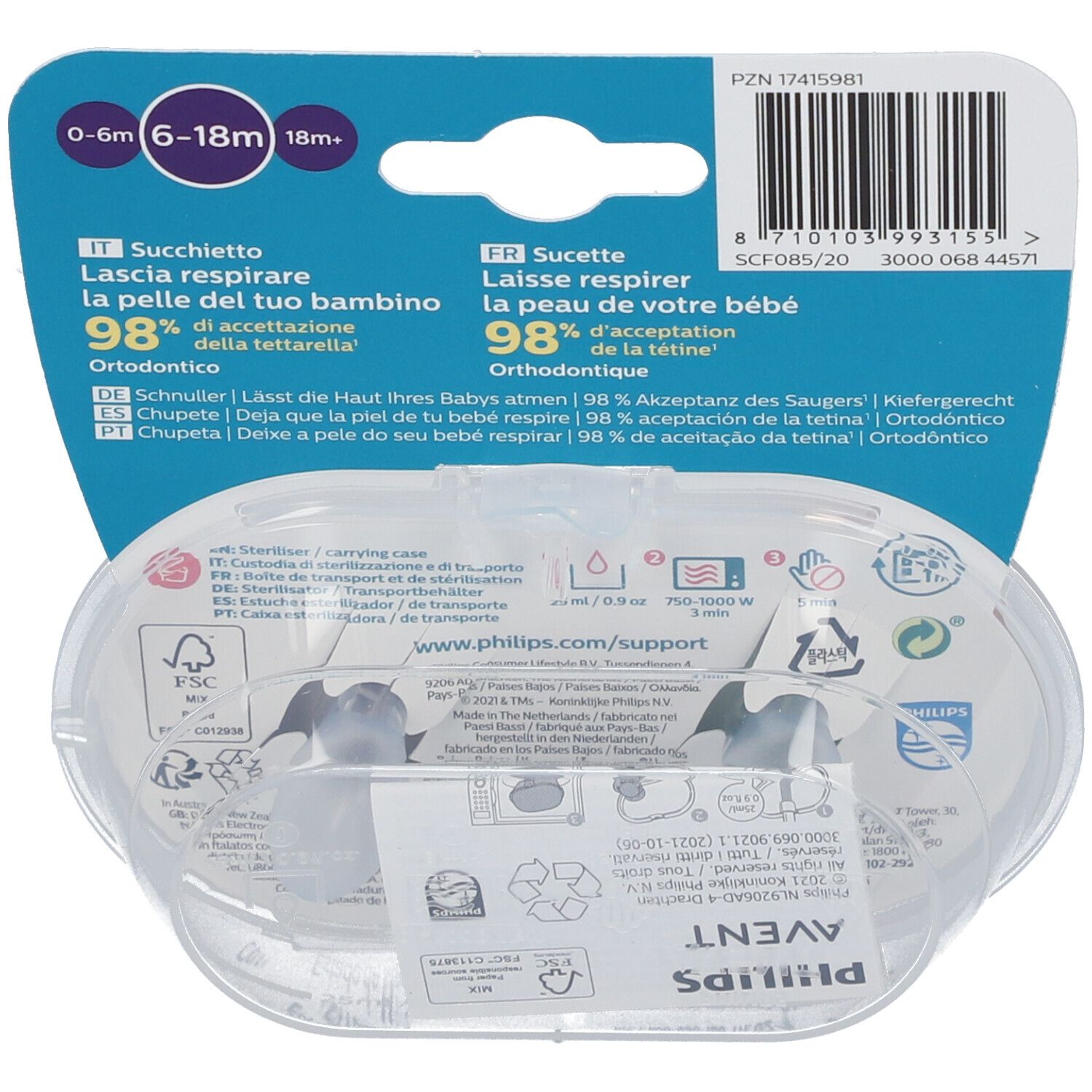 Retro della confezione con due succhietti in custodia trasparente. Testo multilingue, logo Philips Avent, indicazioni età.