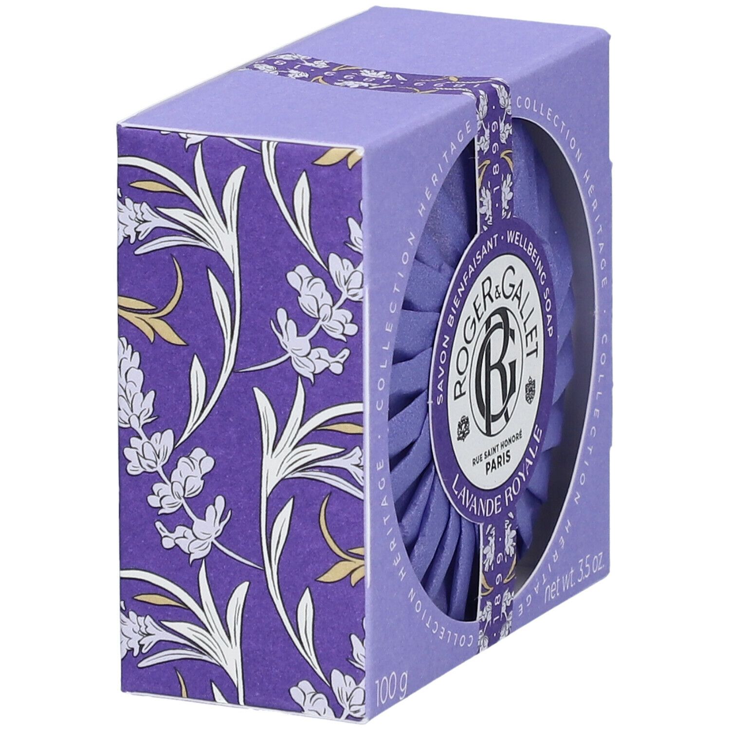 Scatola lilla con motivo floreale. Sapone rotondo avvolto in carta. Marchio Roger & Gallet, Lavande Royale.