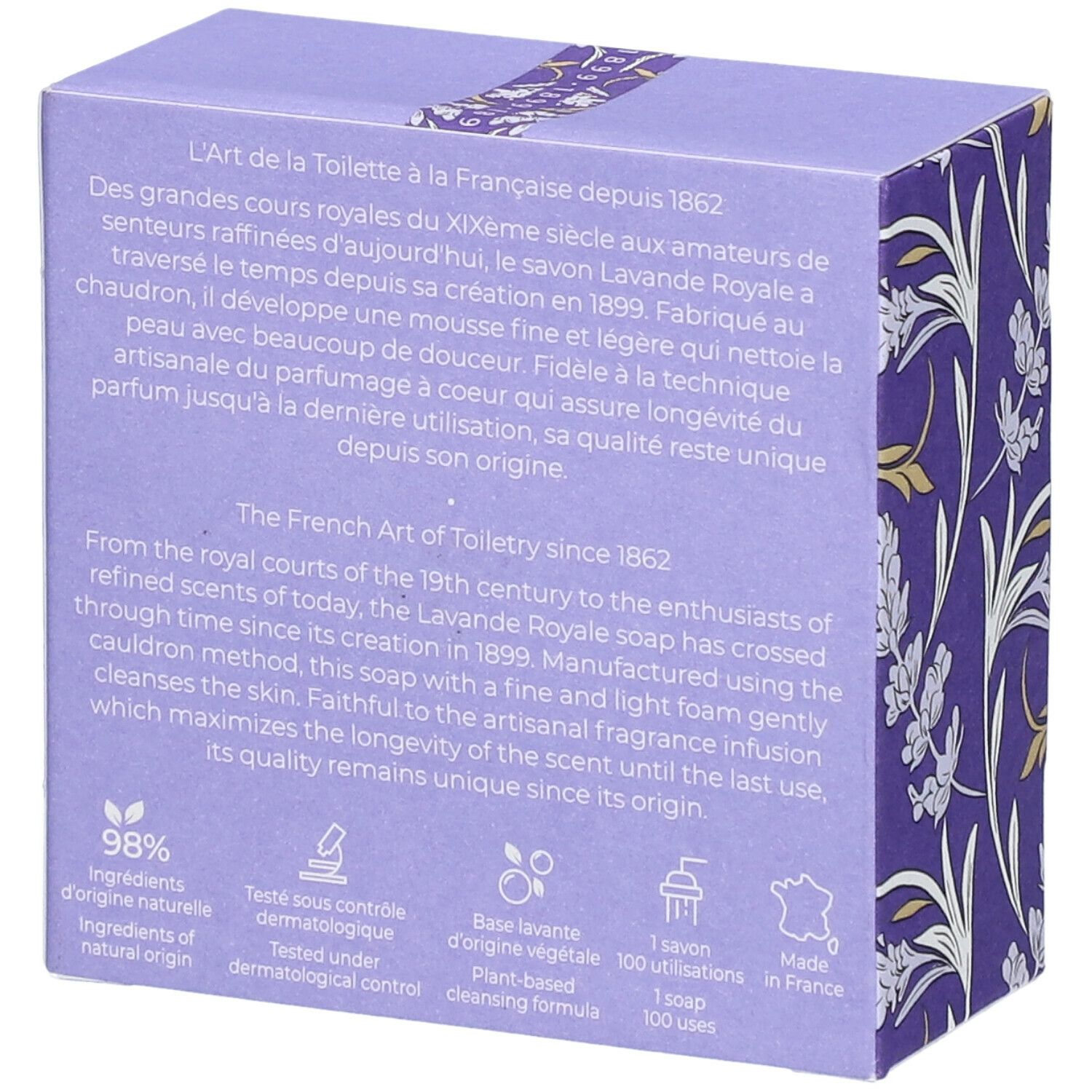 Retro della scatola lilla. Testo sul sapone, ingredienti, controllo dermatologico, origine.