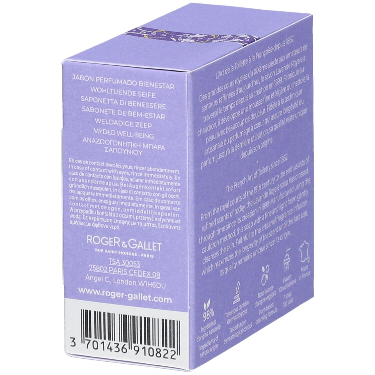 Lato della scatola lilla. Testo multilingue, informazioni di contatto, codice a barre.