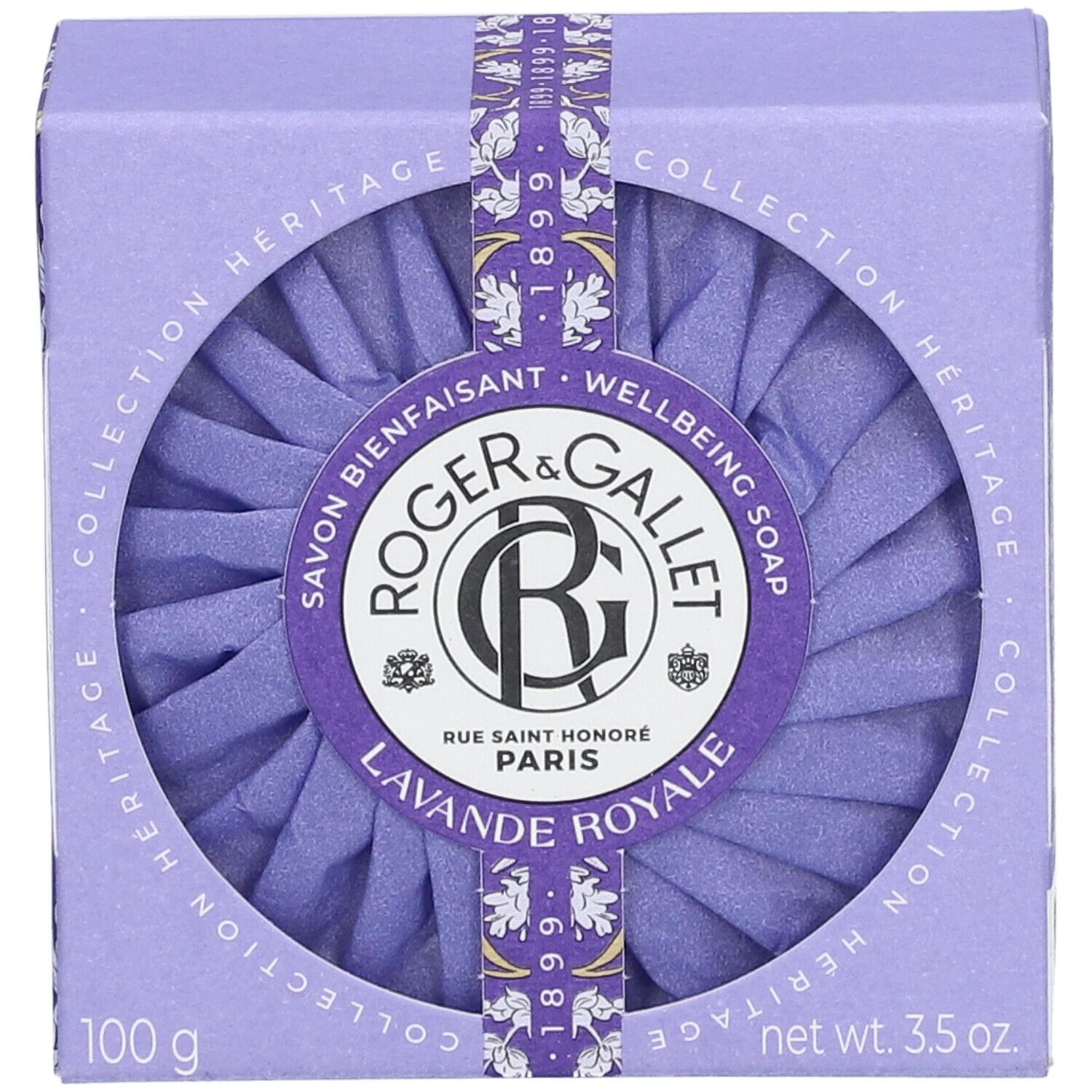 Sapone lilla in scatola. Sapone rotondo avvolto in carta. Marchio Roger & Gallet, Lavande Royale.