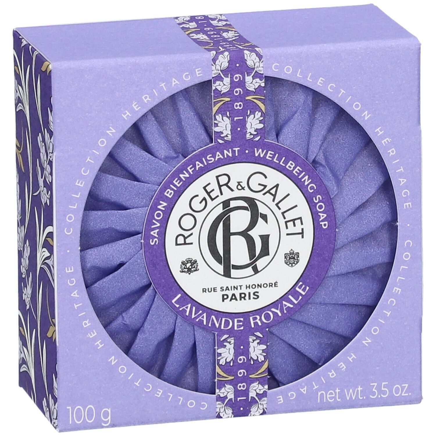 Sapone lilla in scatola. Sapone rotondo avvolto in carta. Marchio Roger & Gallet, Lavande Royale.
