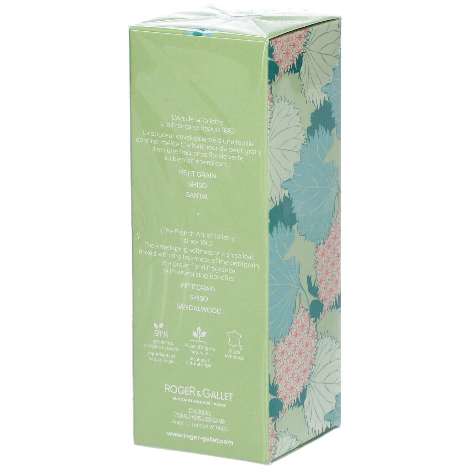 Retro della scatola verde. Informazioni testuali, marchio Roger & Gallet, Shiso Eau Parfumée.