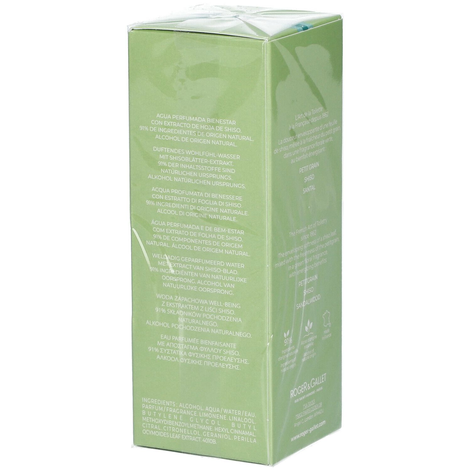 Retro della scatola verde. Informazioni testuali, marchio Roger & Gallet, Shiso Eau Parfumée.