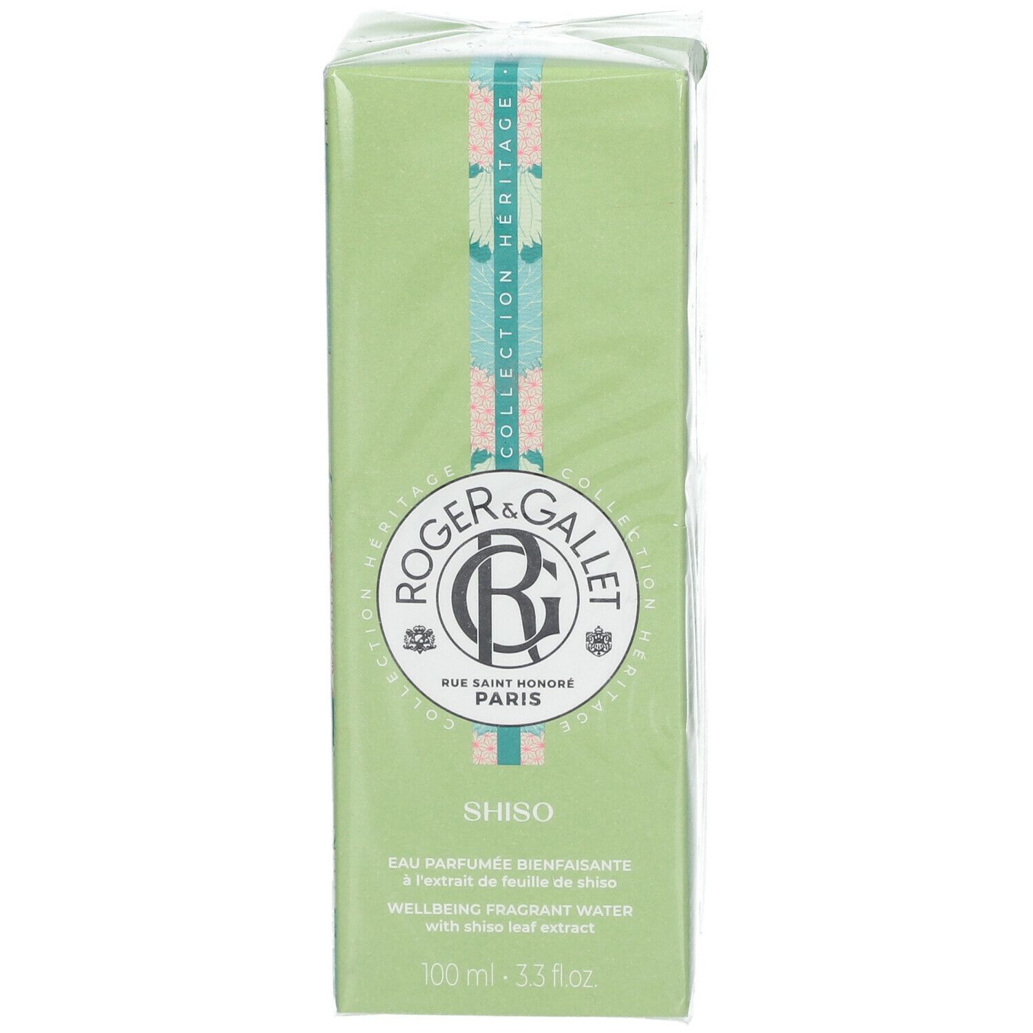 Scatola verde con informazioni prodotto. Marca Roger & Gallet, Shiso Eau Parfumée. Confezionata.