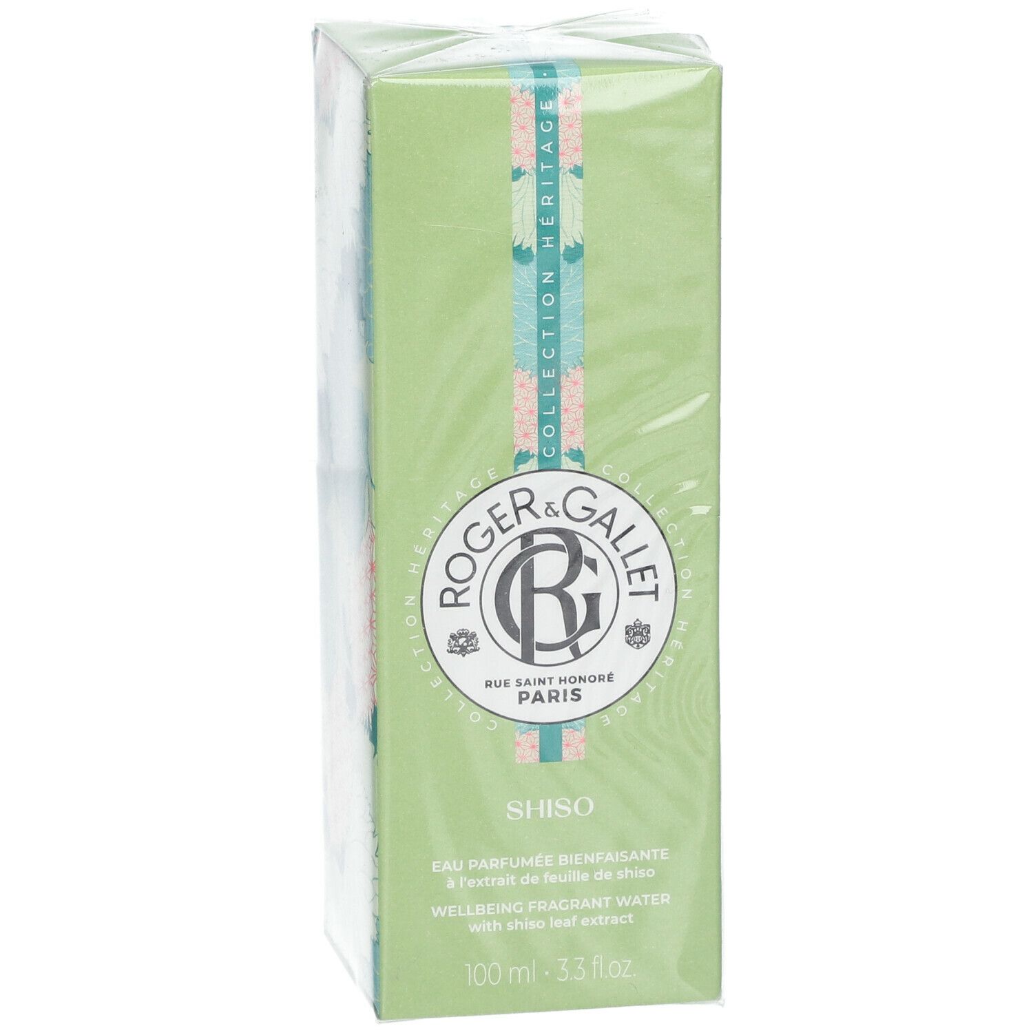 Scatola verde con informazioni prodotto. Marca Roger & Gallet, Shiso Eau Parfumée. Confezionata.