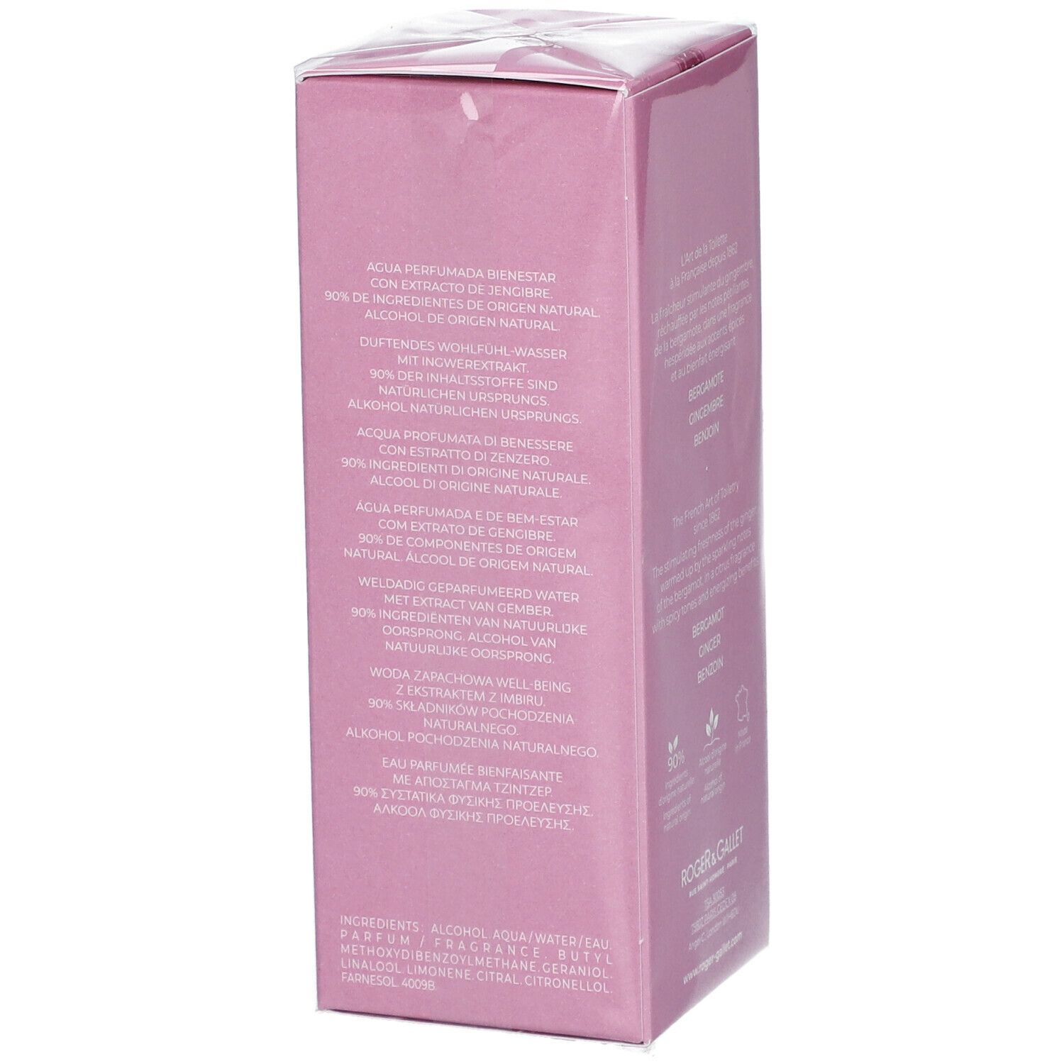 Confezione rosa. Testo con ingredienti e certificazioni. Logo e nome del prodotto.