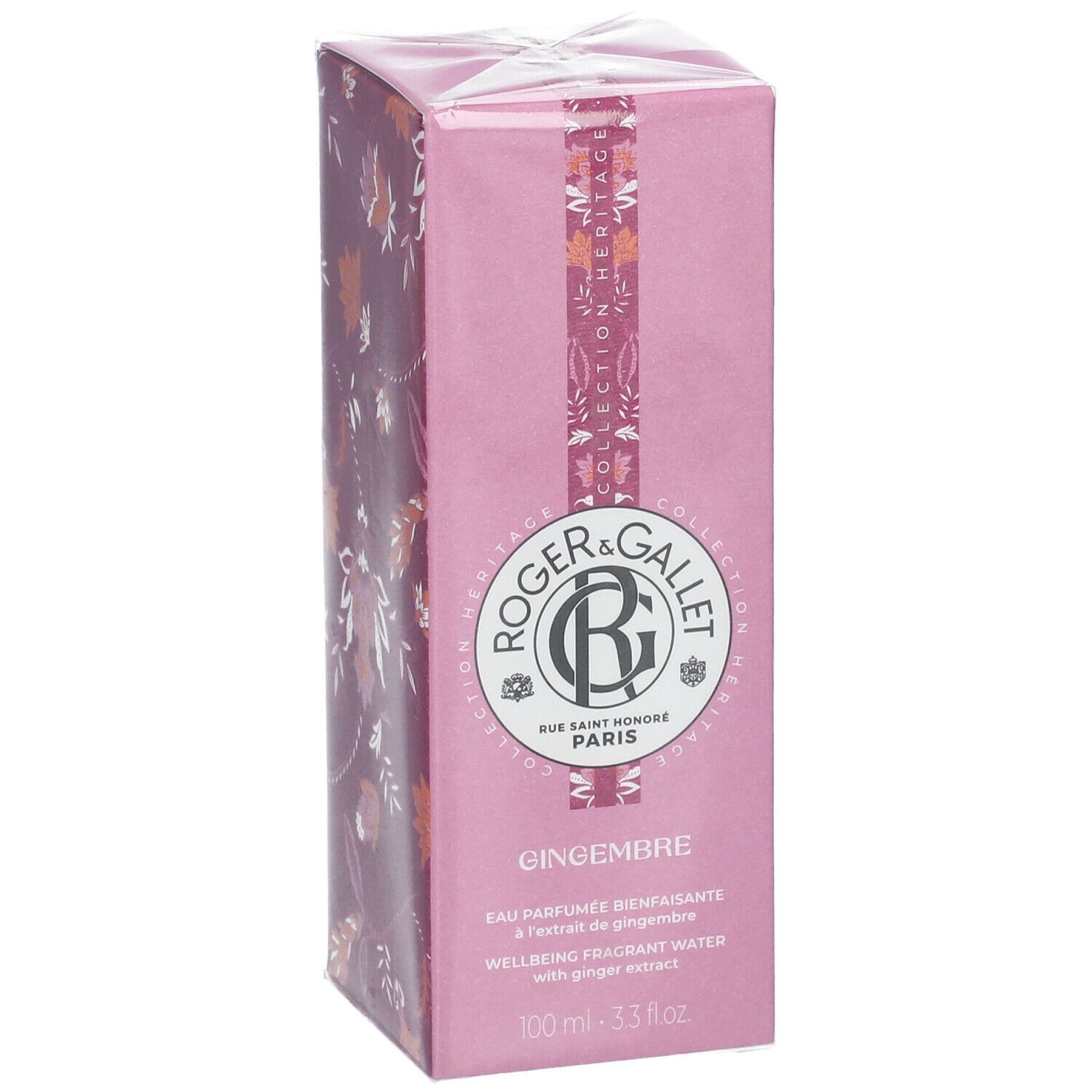 Confezione rosa con motivo floreale. Logo e testo. Nome e descrizione del prodotto. 100 ml.