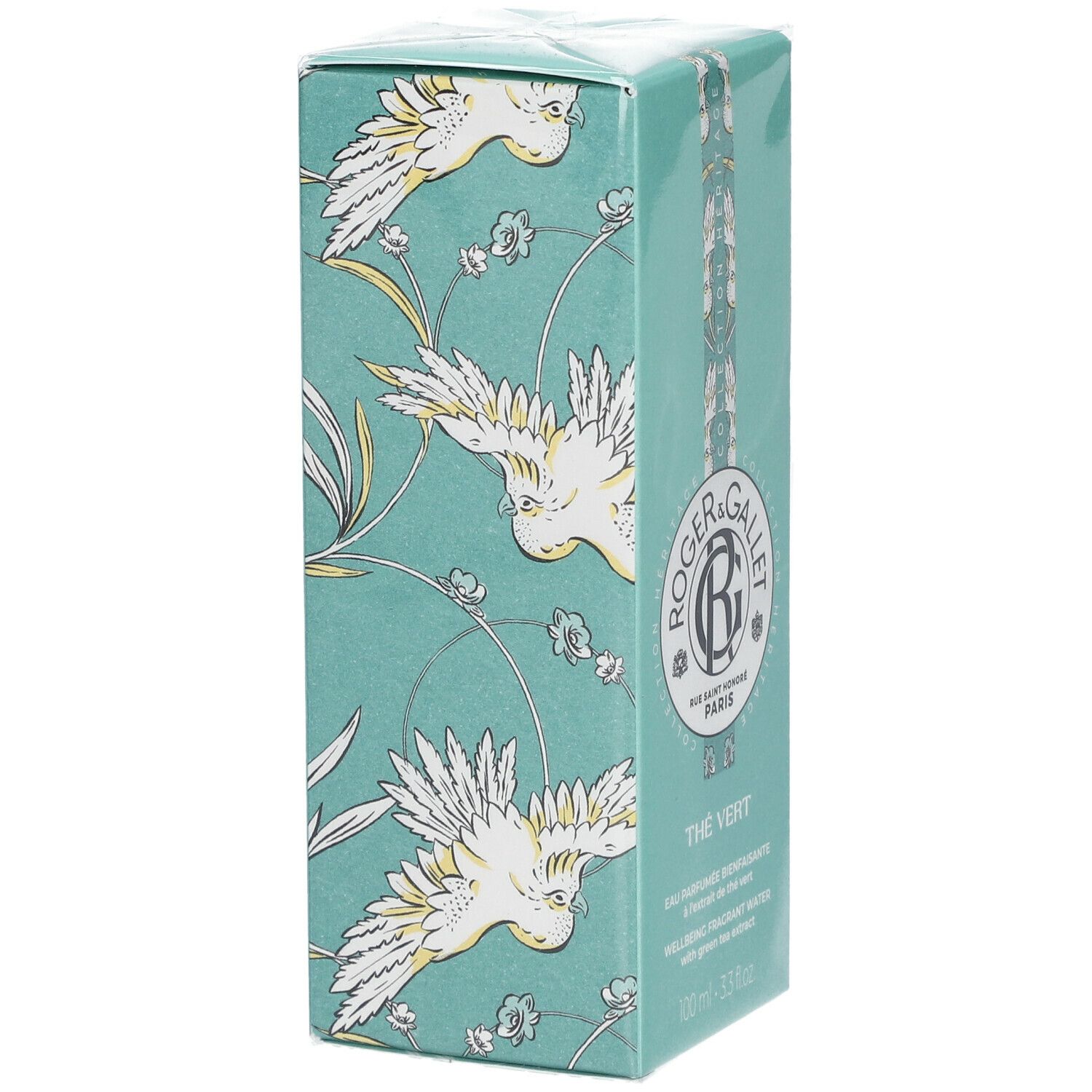Scatola turchese con motivo di uccelli. Logo e scritta ROGER & GALLET. Scritta THE VERT.