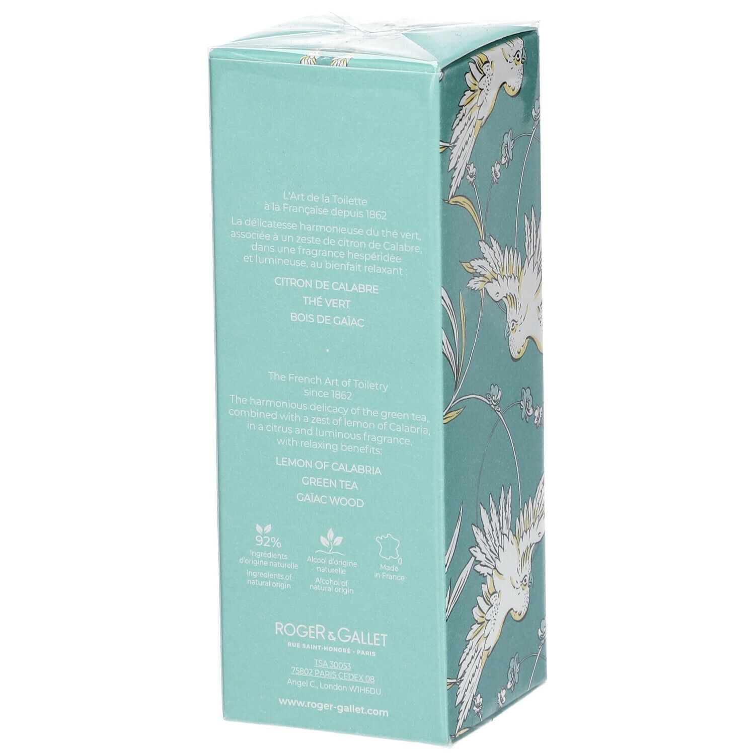 Scatola turchese con testo. Logo ROGER & GALLET. Scritta THE VERT. Informazioni sugli ingredienti e certificazioni.