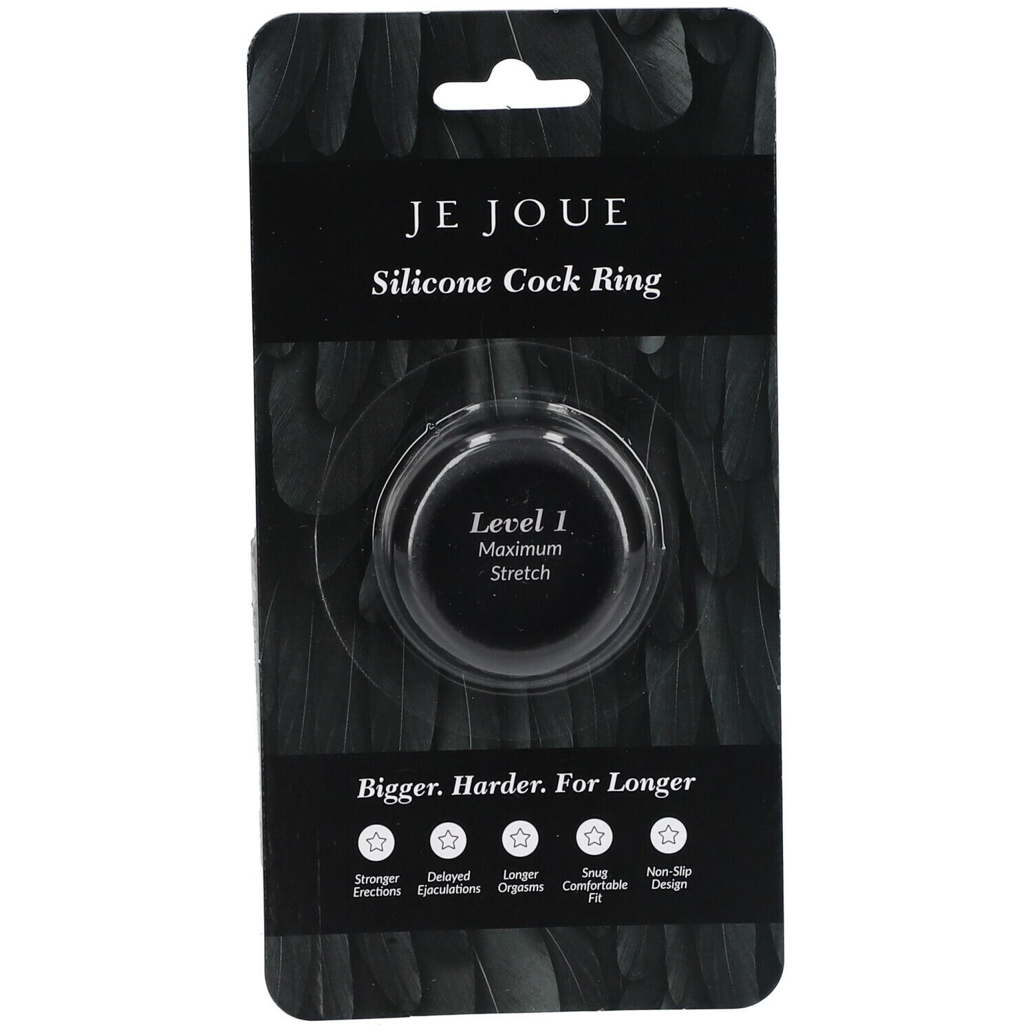 Confezione nera con anello fallico. Testo: Je Joue, Silicone Cock Ring, Level 1 Maximum Stretch. Caratteristiche: più forte, più a lungo, ecc.