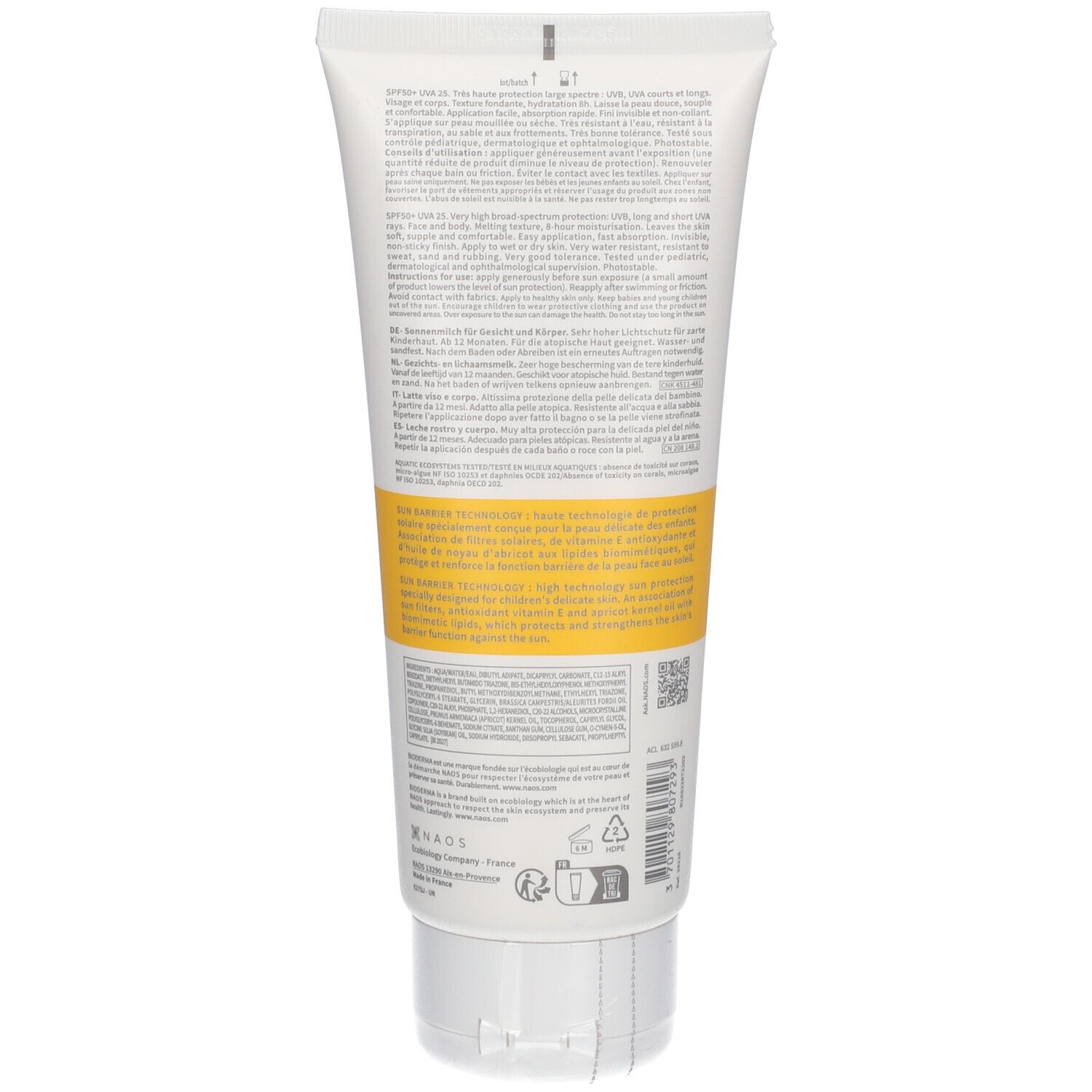 Retro del BIODERMA Photoderm PEDIATRICS Lait SPF50+ crema solare per bambini, 200 ml.
