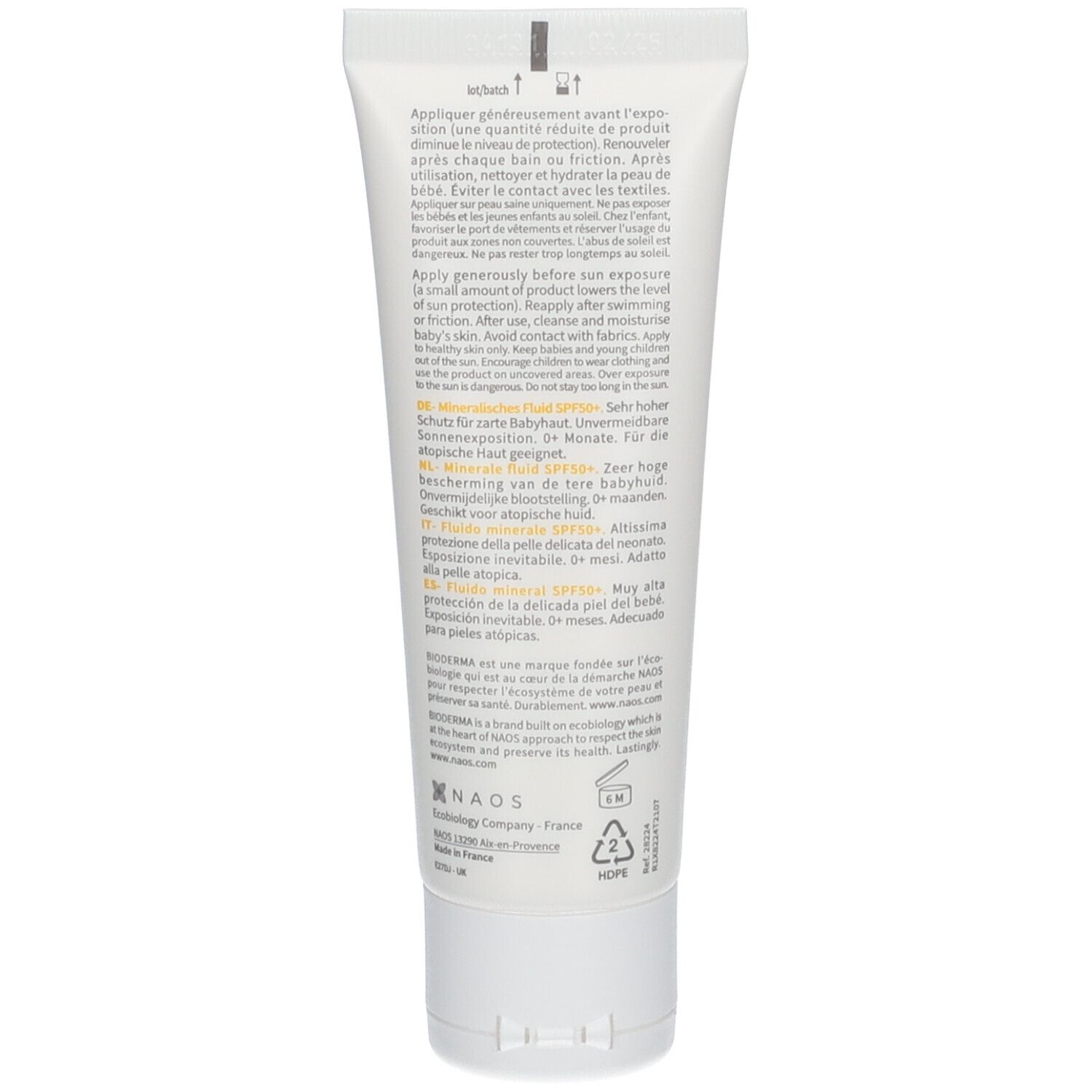 Retro del tubo BIODERMA Photoderm PEDIATRICS Mineral SPF50+. Contiene informazioni testuali e simboli di riciclaggio.