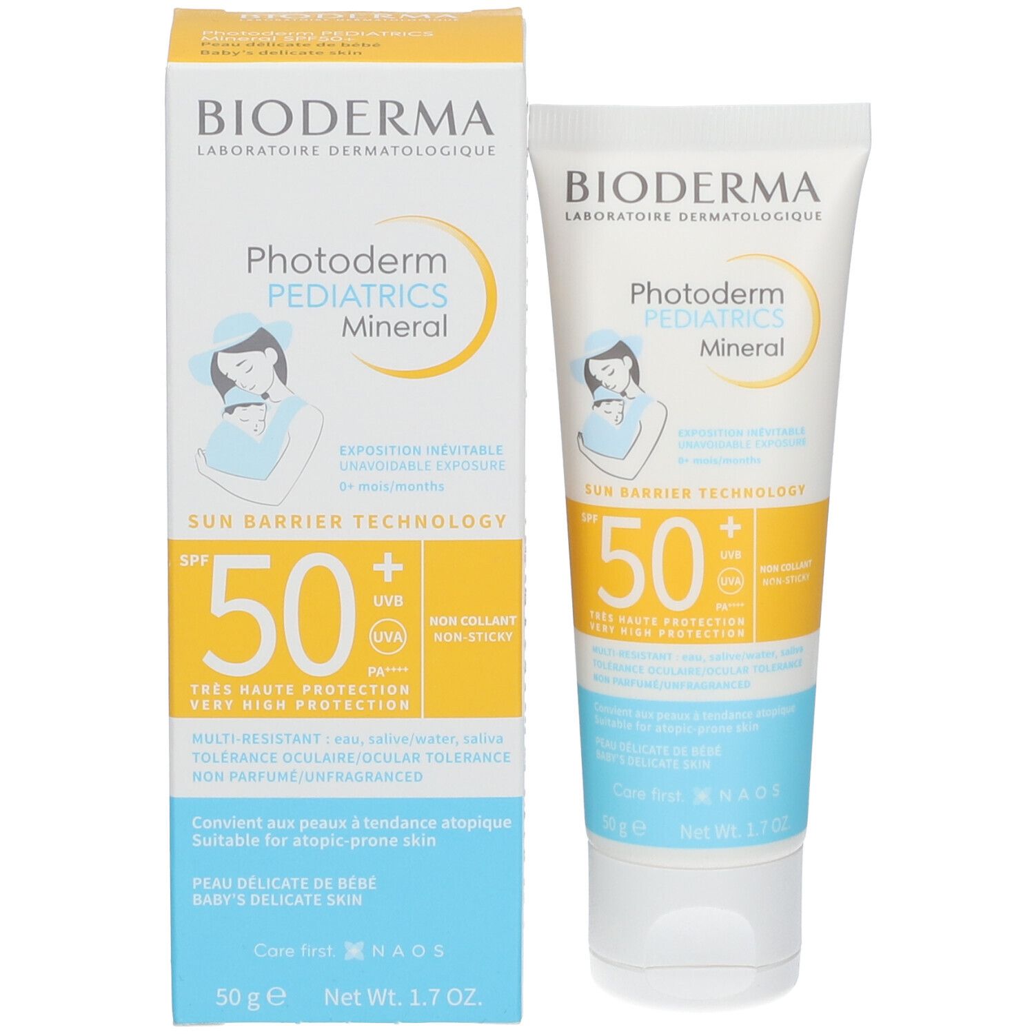 Confezione del prodotto BIODERMA Photoderm PEDIATRICS Mineral SPF50+. Include tubo e scatola. Protezione solare per bambini.