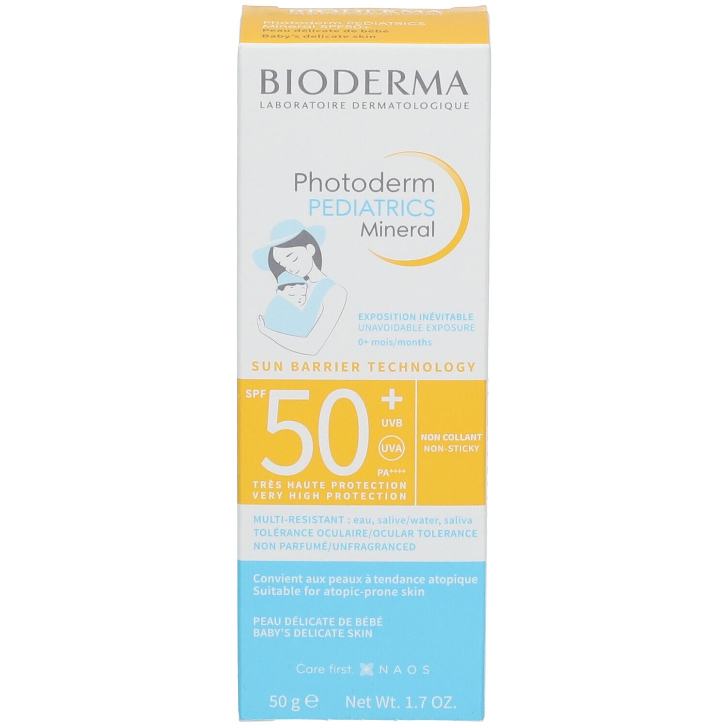Scatola BIODERMA Photoderm PEDIATRICS Mineral SPF50+. Design giallo e bianco con informazioni sul prodotto e SPF50+.