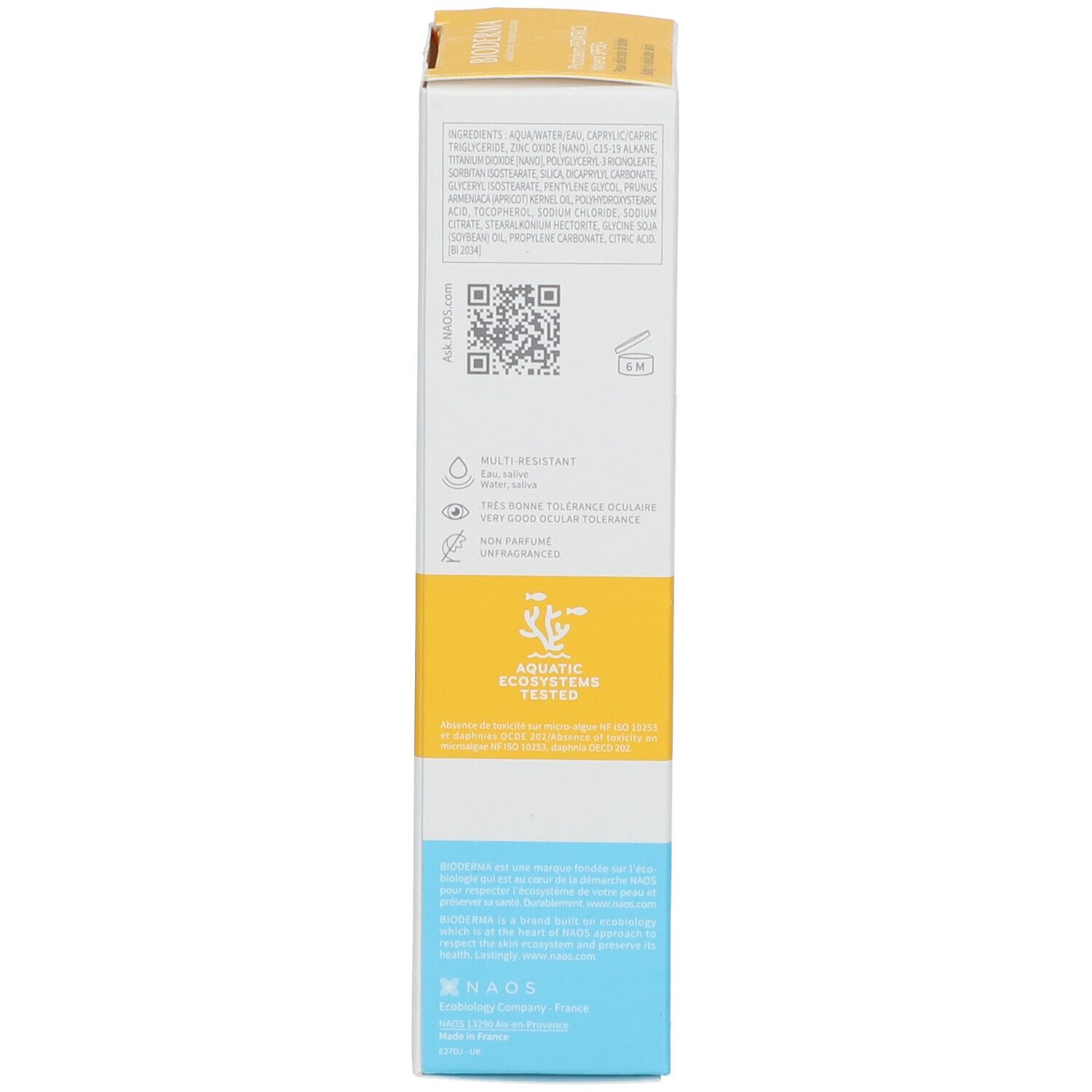 Lato della confezione BIODERMA Photoderm PEDIATRICS Mineral SPF50+. Contiene testo e codice QR. Ecosistemi acquatici testati.