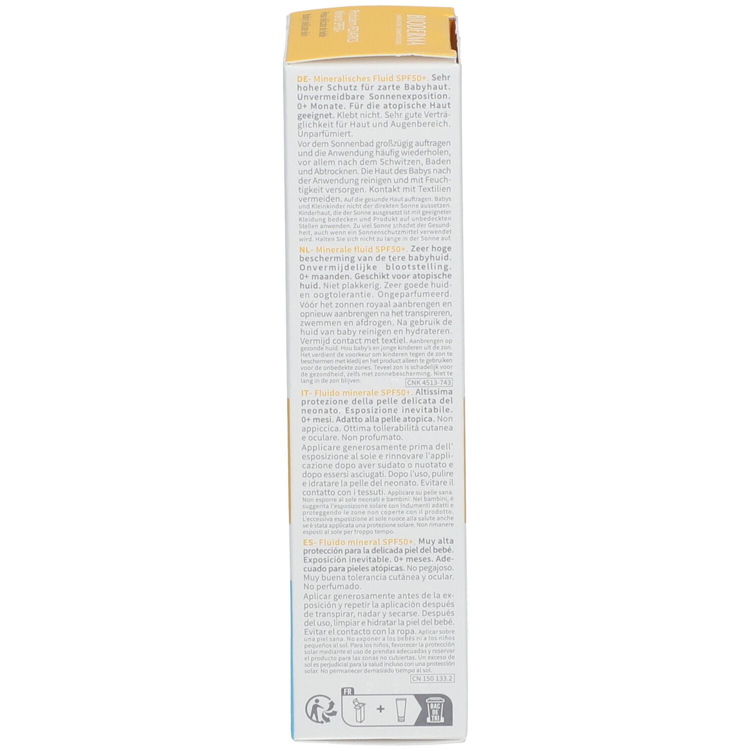 Lato della confezione BIODERMA Photoderm PEDIATRICS Mineral SPF50+. Contiene testo in più lingue.