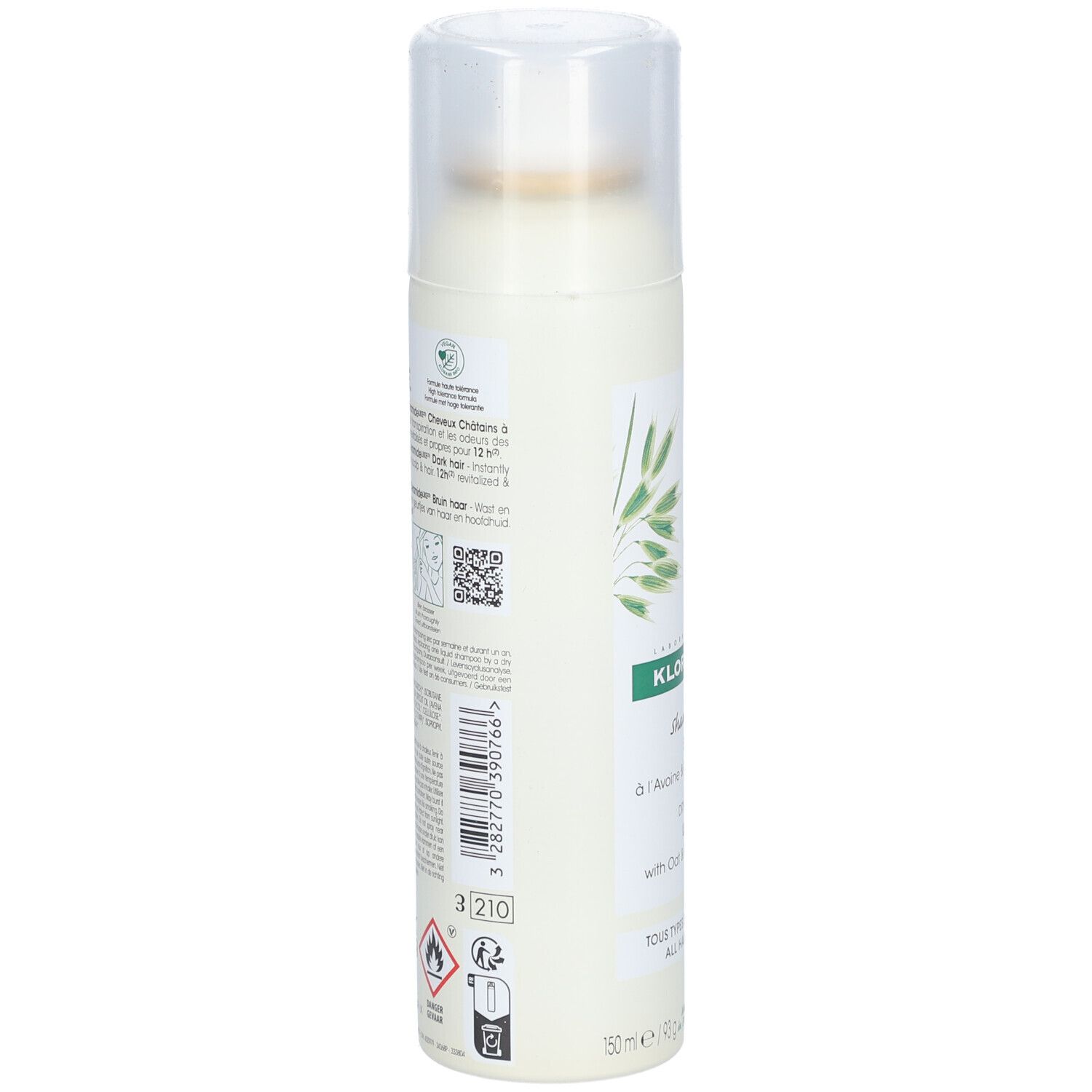 Shampoo secco Klorane con latte d'avena, flacone spray da 100ml con tappo trasparente.