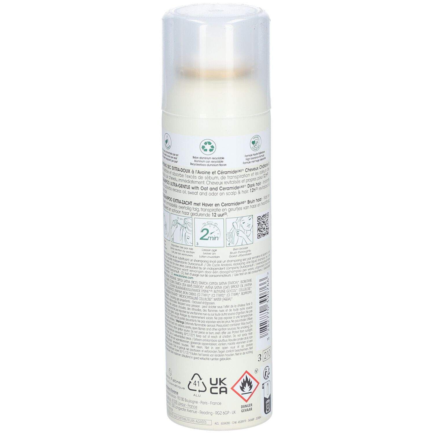Lattina spray bianca con tappo trasparente, retro con testo e simboli.