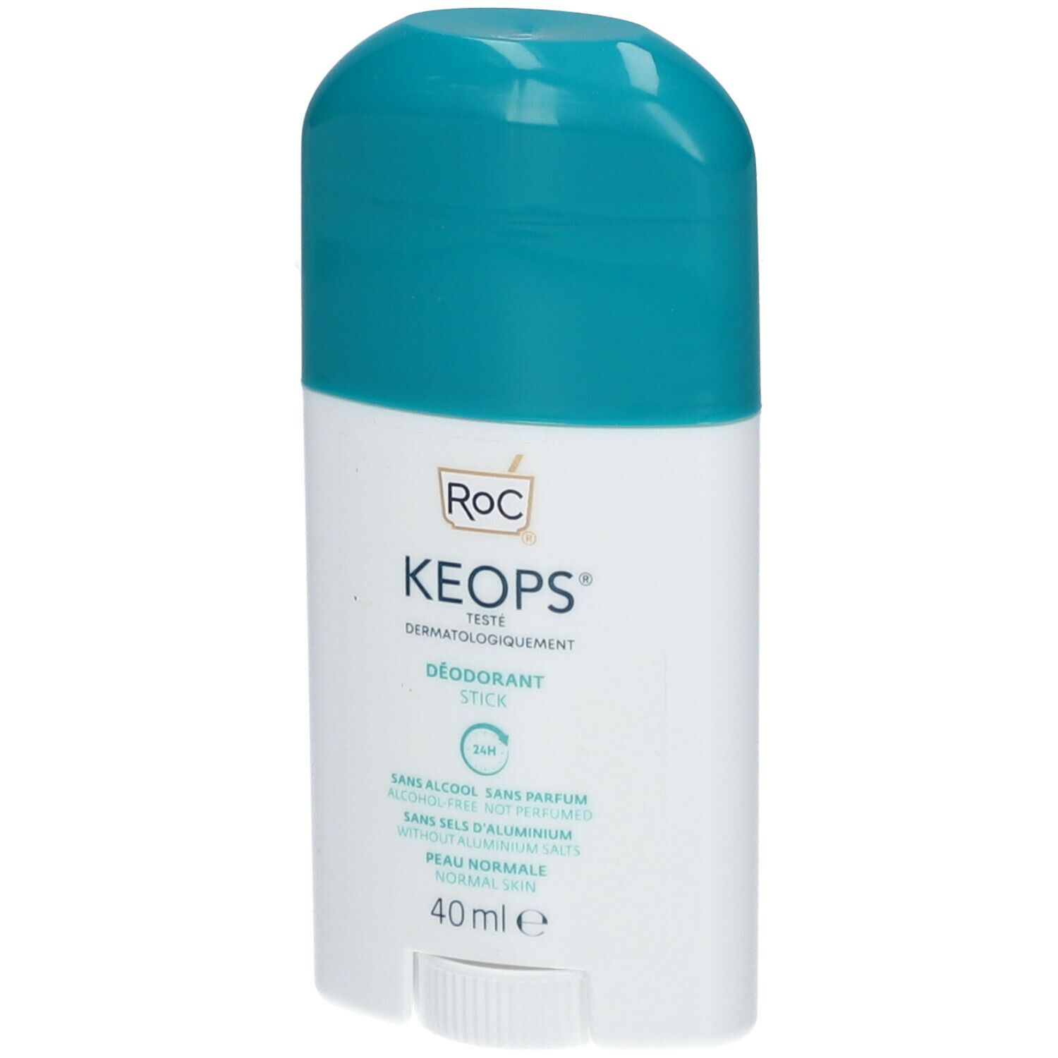 Stick deodorante RoC KEOPS. Contenitore bianco, tappo turchese. Scritte: KEOPS, 24h, senza alcool, senza profumo, senza sali di alluminio. 40 ml.