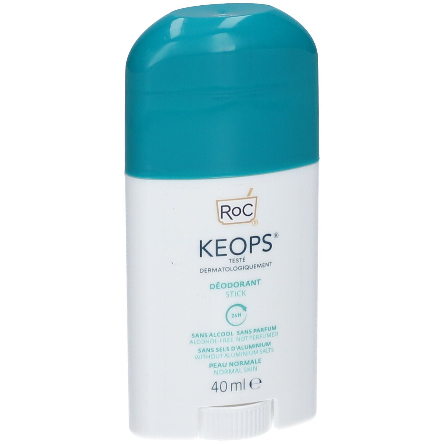Stick deodorante RoC KEOPS. Contenitore bianco, tappo turchese. Scritte: KEOPS, 24h, senza alcool, senza profumo, senza sali di alluminio. 40 ml.