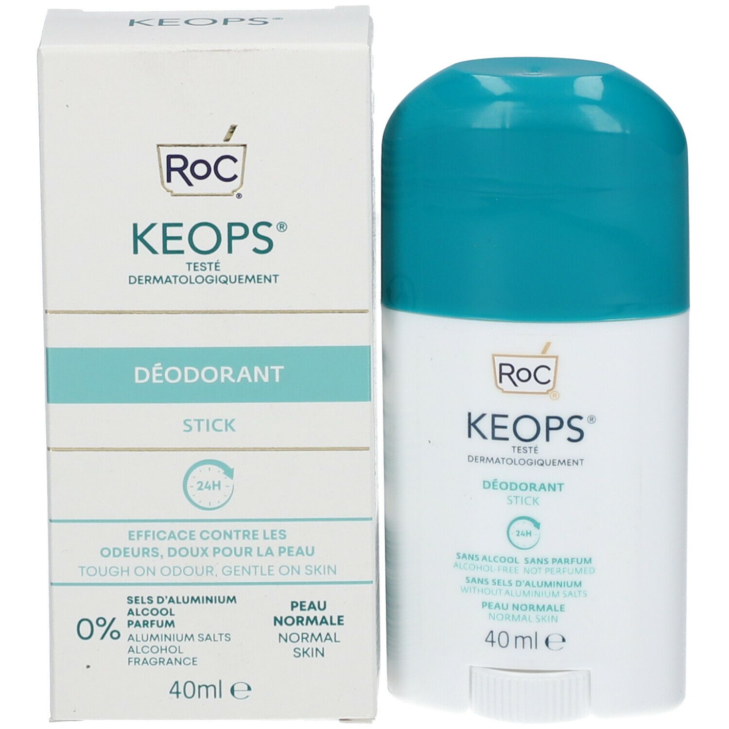 Stick deodorante RoC KEOPS e confezione. Contenitore bianco, tappo turchese. Scritte: KEOPS, 24h, senza alcool, senza profumo. 40 ml. Confezione.
