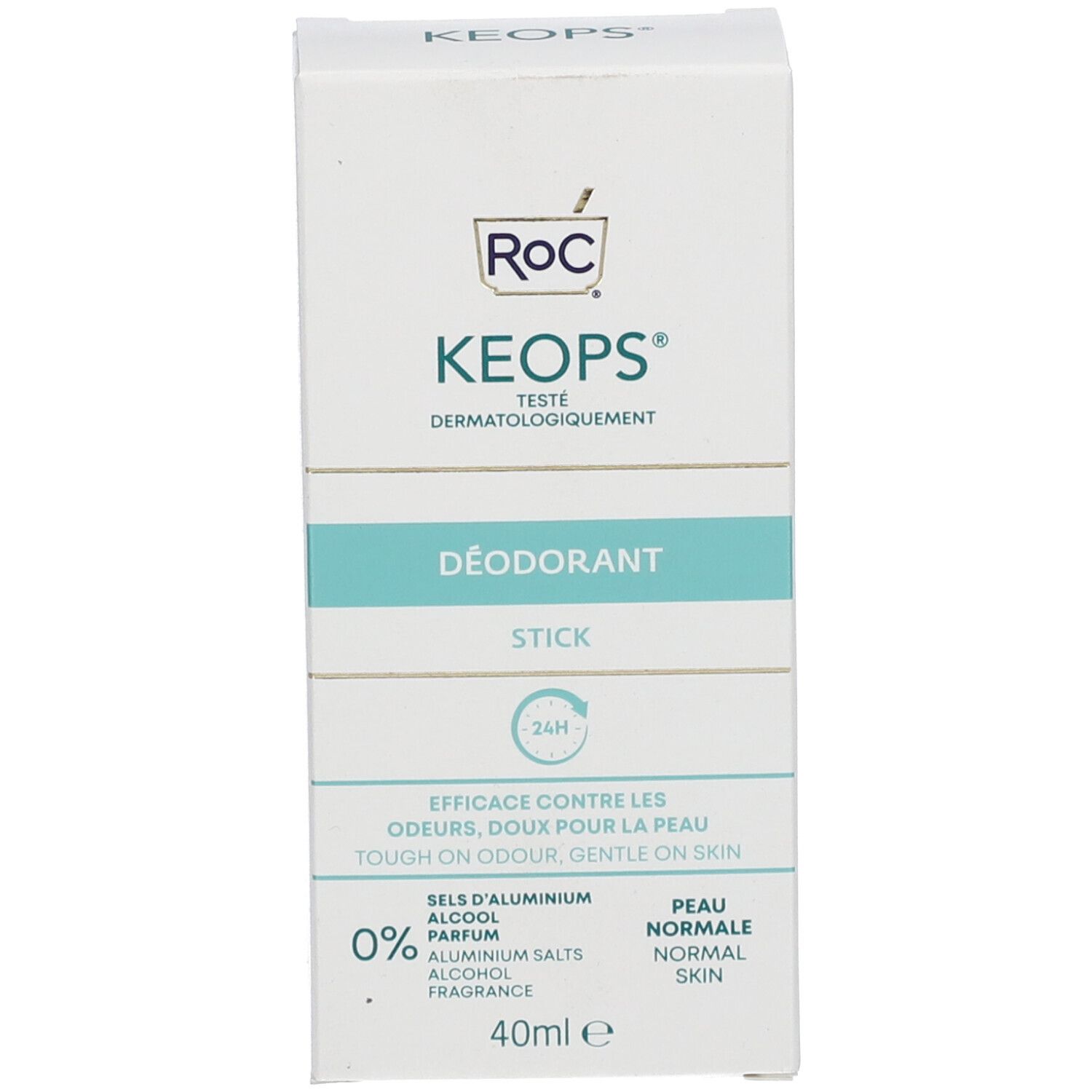 Confezione dello stick deodorante RoC KEOPS. Testo: KEOPS, Déodorant Stick, 24h, senza sali di alluminio, senza alcool, senza profumo. 40 ml.