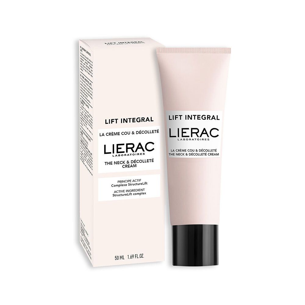 Tubo rosa e confezione. Scritta: Lift Integral, Lierac, La Crème Cou & Décolleté.