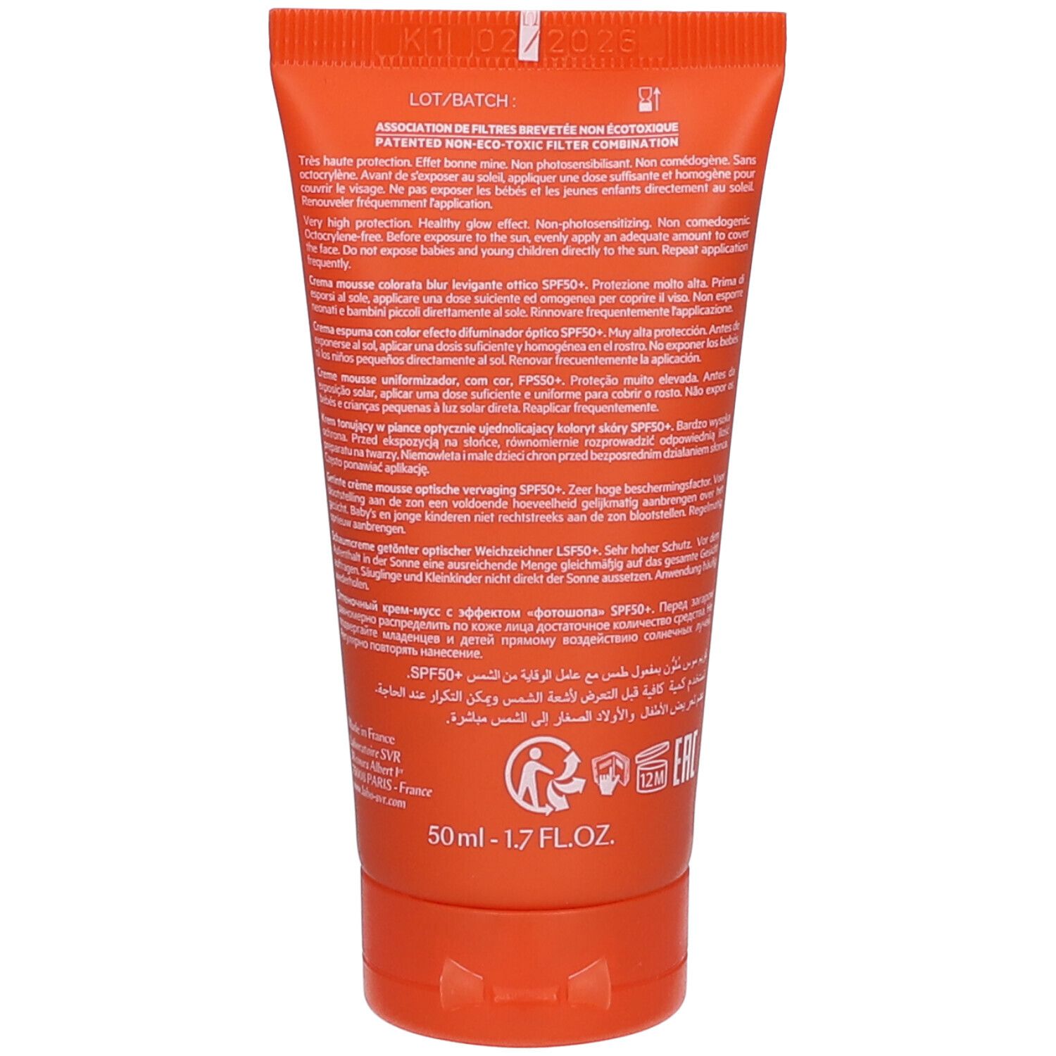 Retro del tubo di crema solare mousse colorata SVR Sun Secure SPF50+ con informazioni sul prodotto.