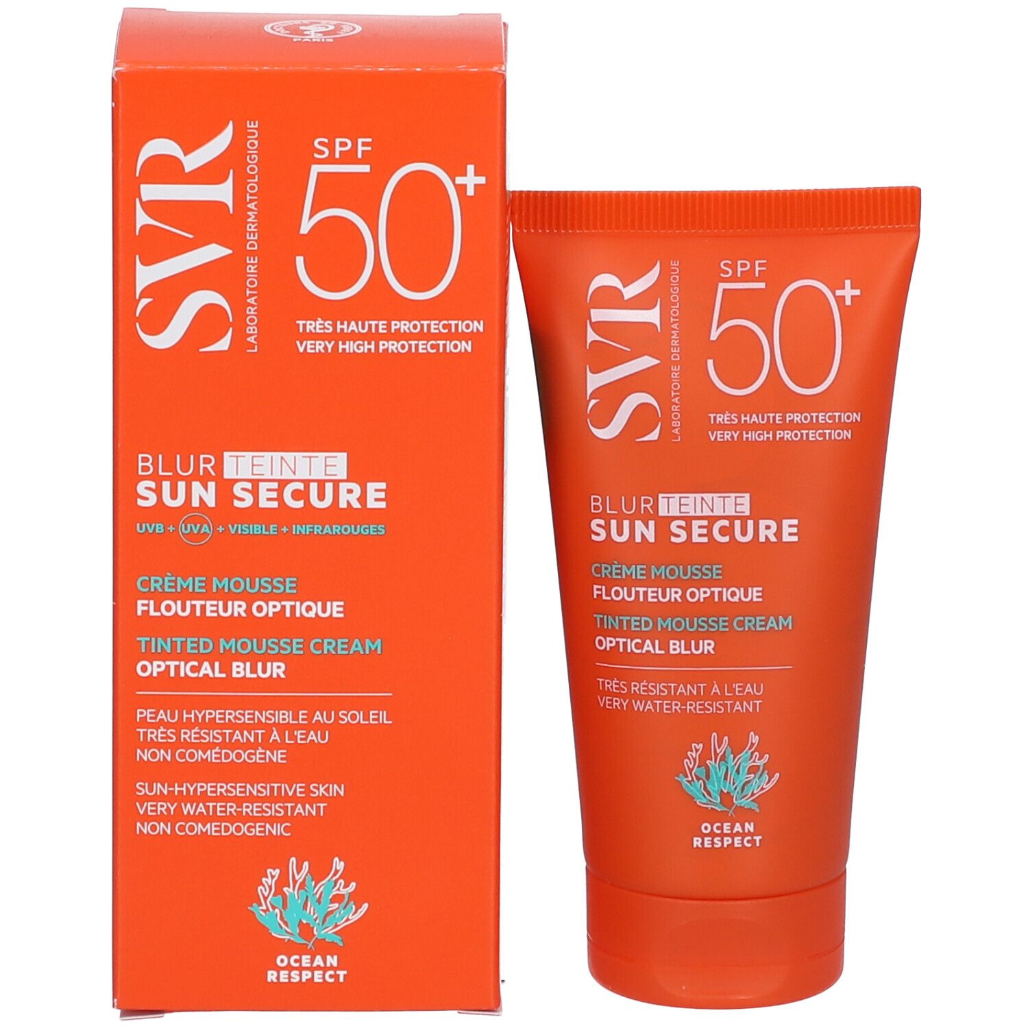 Tubo e confezione di crema solare mousse colorata SVR Sun Secure SPF50+.