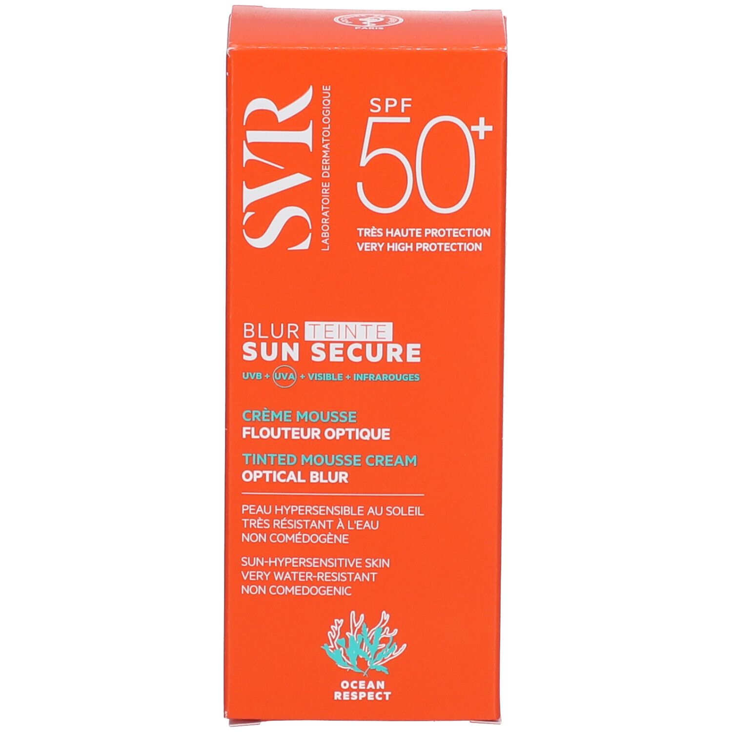 Confezione di crema solare mousse colorata SVR Sun Secure SPF50+.
