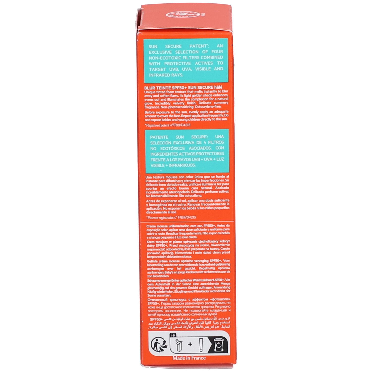 Lato della confezione di crema solare mousse colorata SVR Sun Secure SPF50+ con informazioni sul prodotto.