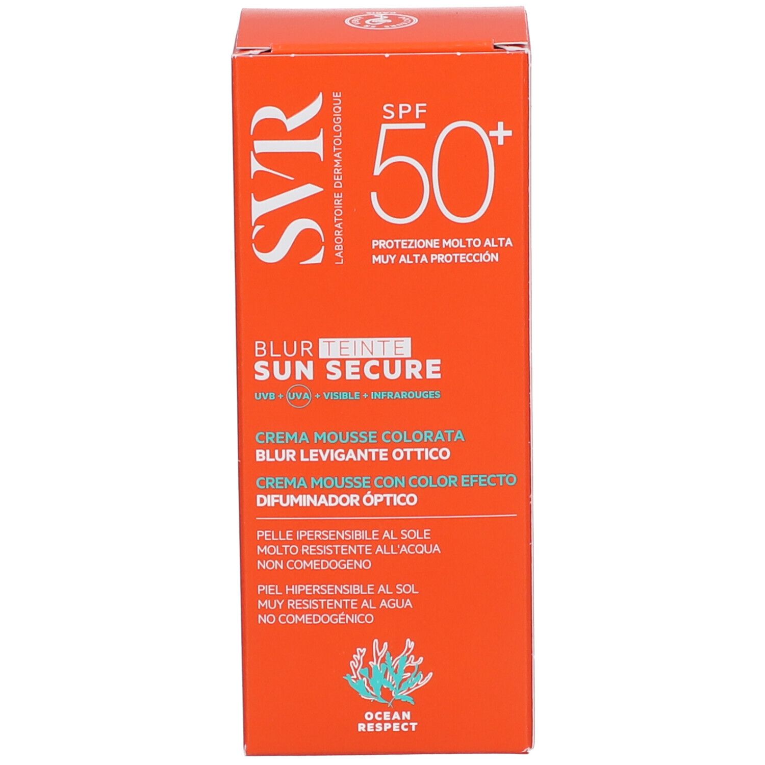 Confezione di crema solare mousse colorata SVR Sun Secure SPF50+.