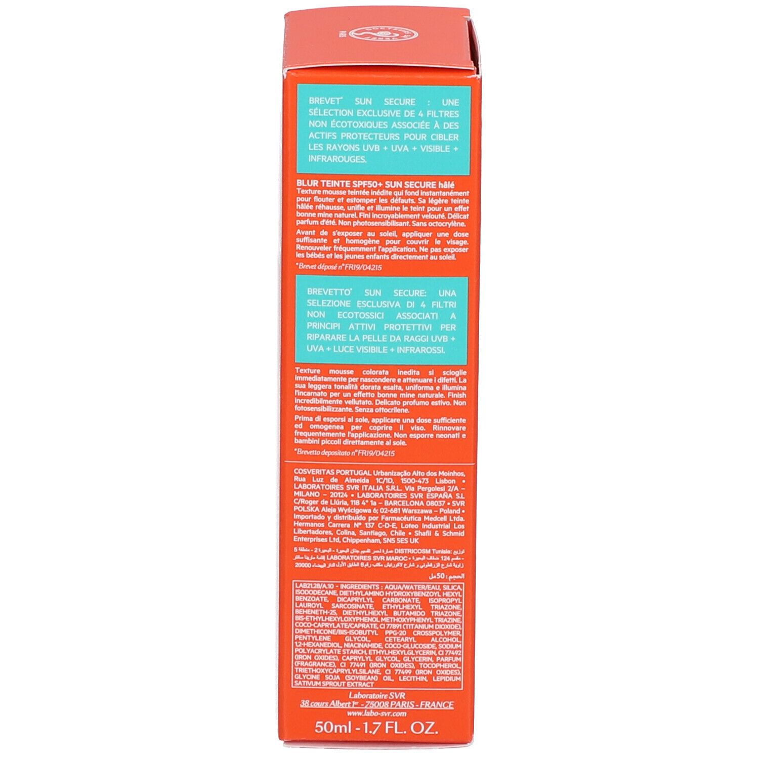Lato della confezione di crema solare mousse colorata SVR Sun Secure SPF50+ con informazioni sul prodotto.