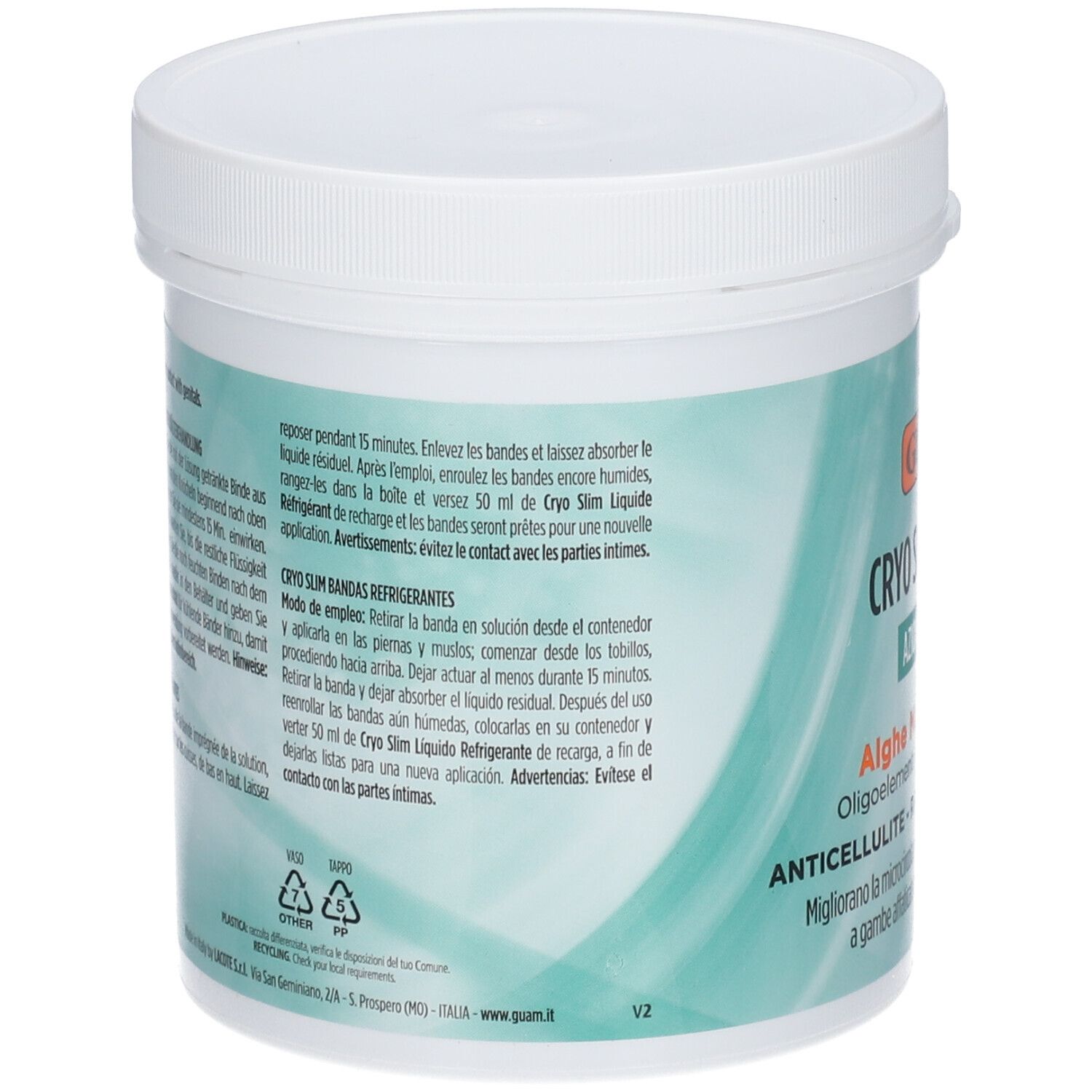 GUAM Cryo Slim Fasce. Retro del contenitore con testo. Contiene istruzioni e ingredienti. Coperchio bianco.