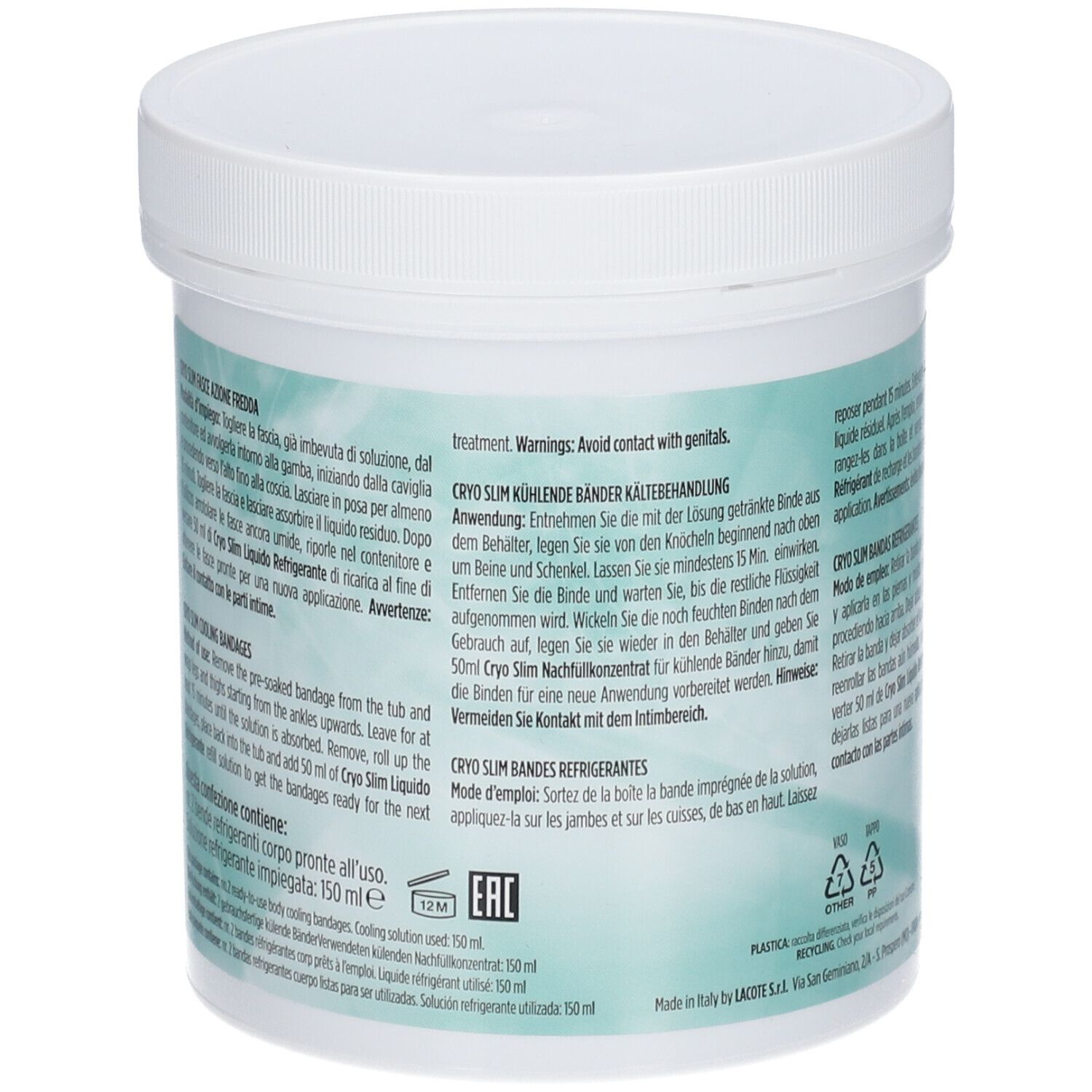GUAM Cryo Slim Fasce. Retro del contenitore con testo. Contiene istruzioni e ingredienti. Coperchio bianco.