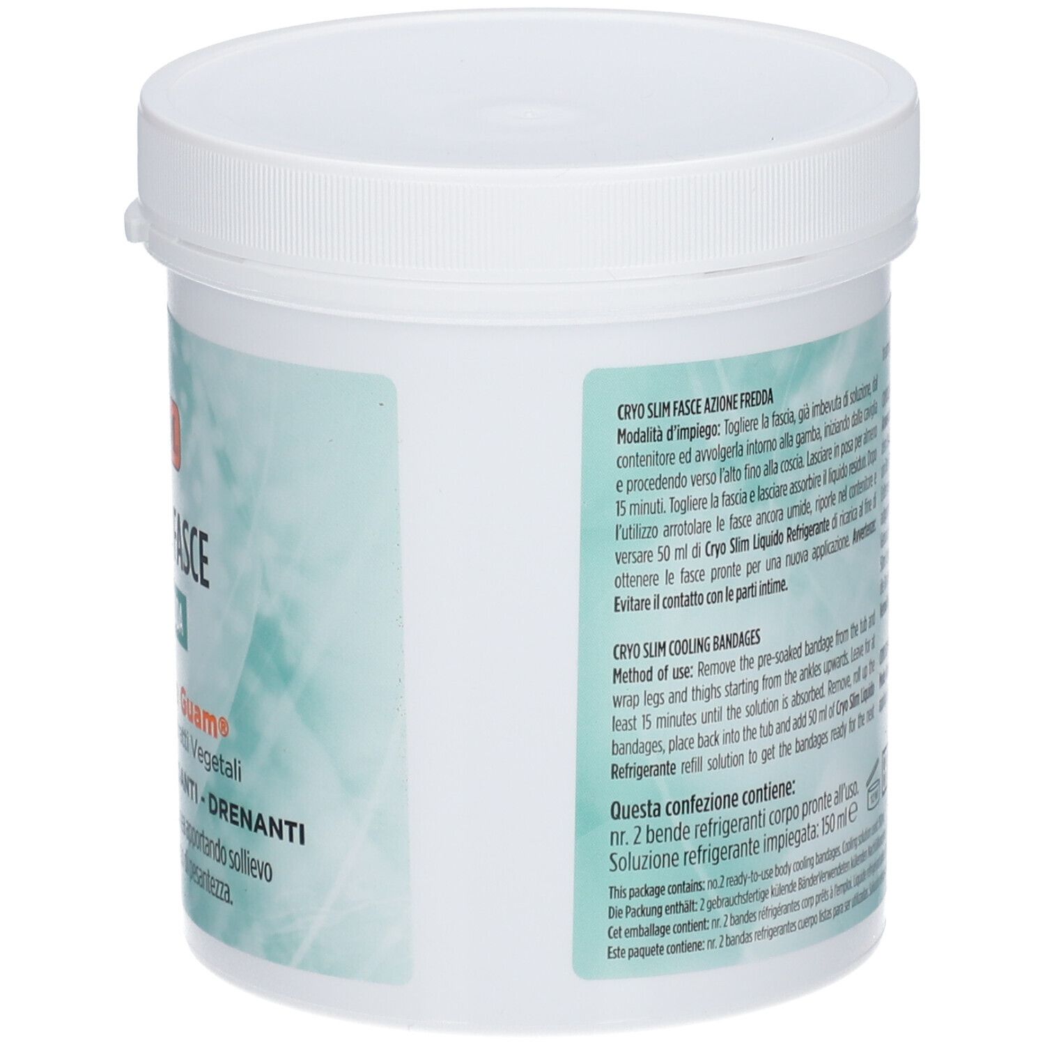GUAM Cryo Slim Fasce. Retro del contenitore con testo. Contiene istruzioni e ingredienti. Coperchio bianco.