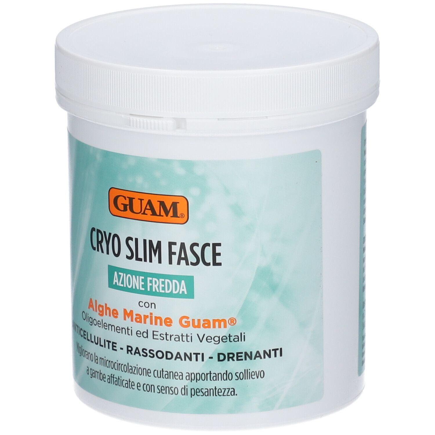 GUAM Cryo Slim Fasce. Contenitore bianco con testo blu-verde. Contiene alghe ed estratti vegetali. Logo GUAM arancione.