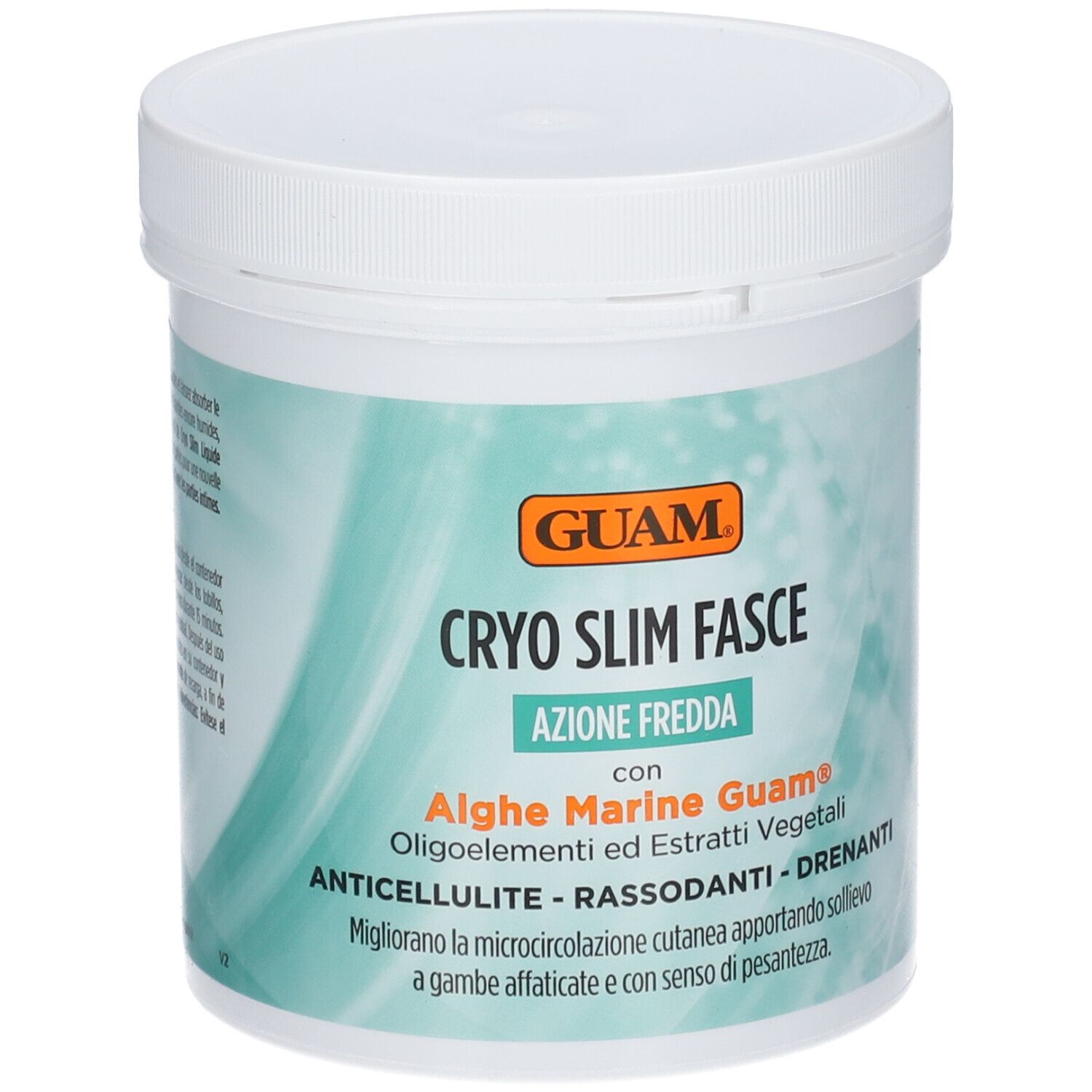 GUAM Cryo Slim Fasce. Contenitore bianco con testo blu-verde. Contiene alghe ed estratti vegetali. Logo GUAM arancione.