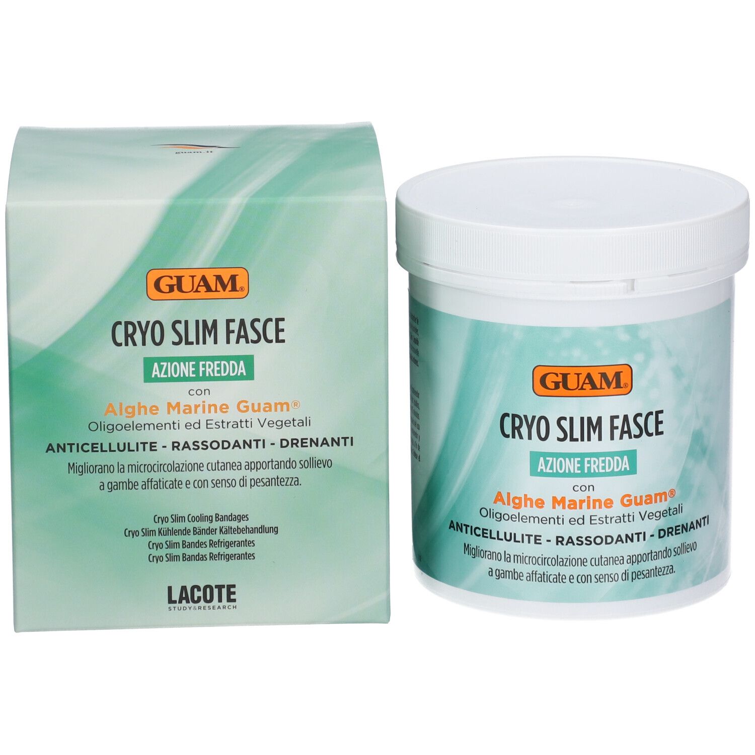 GUAM Cryo Slim Fasce e confezione. Contenitore bianco e scatola verde. Contiene alghe ed estratti vegetali. Logo GUAM.